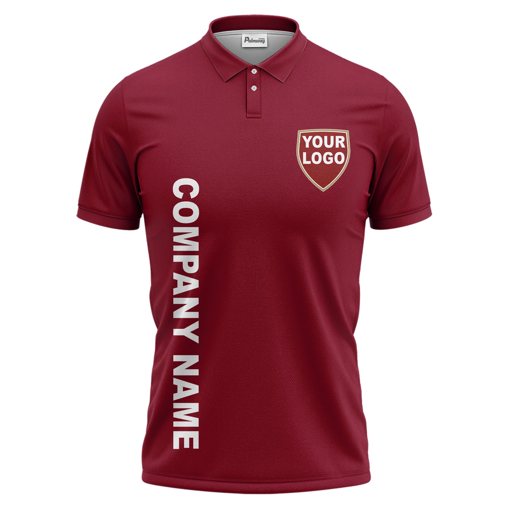 custom shield logo vertical text corporate branded polo shirt