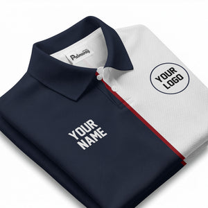 customizable name & logo circle navy white red golf polo shirt