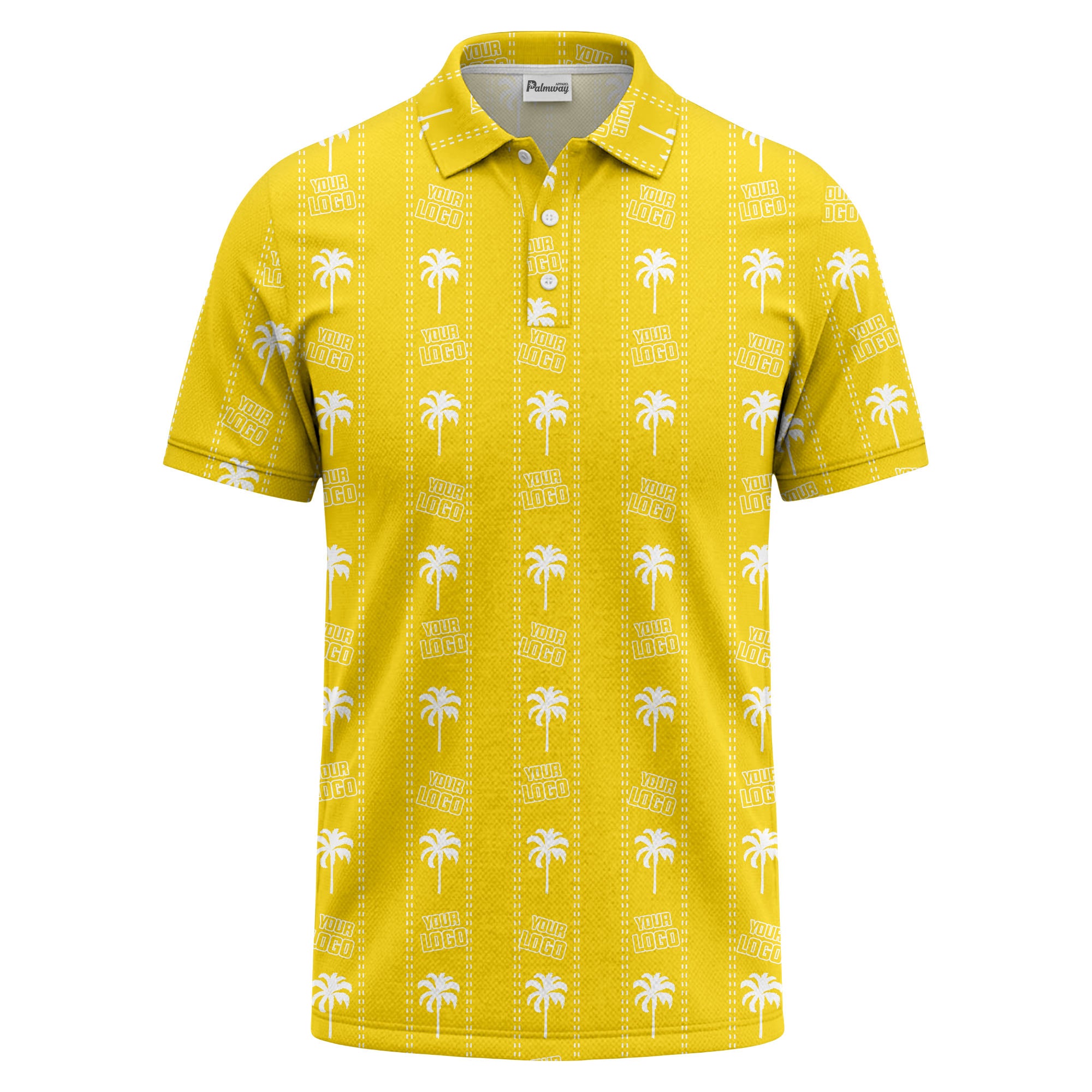 customizable palm trees & logo repeat graphic black white polo shirt