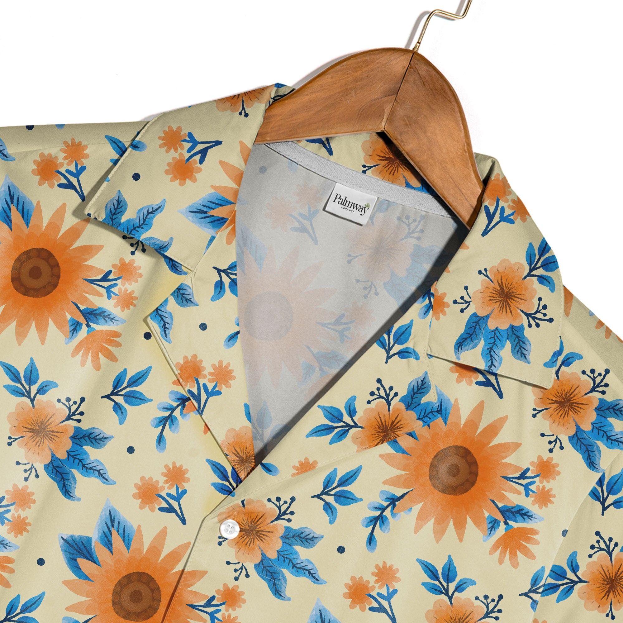 Decorative Orange Sunflower Hawaiian Shirt with Blue Leaves on Yellow