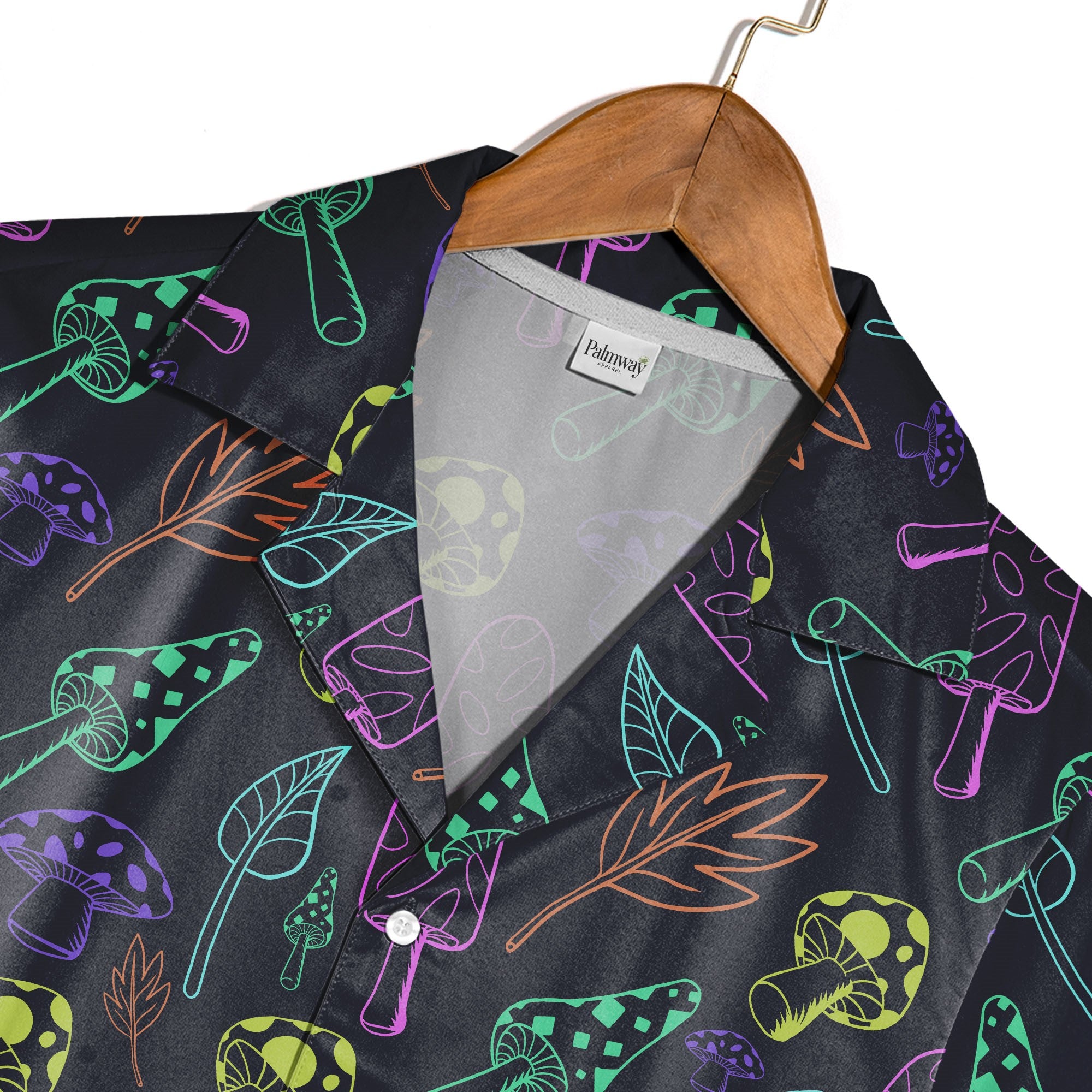 Detailed Botanical Mushroom Hawaiian Shirt with Autumn Leaves on Black