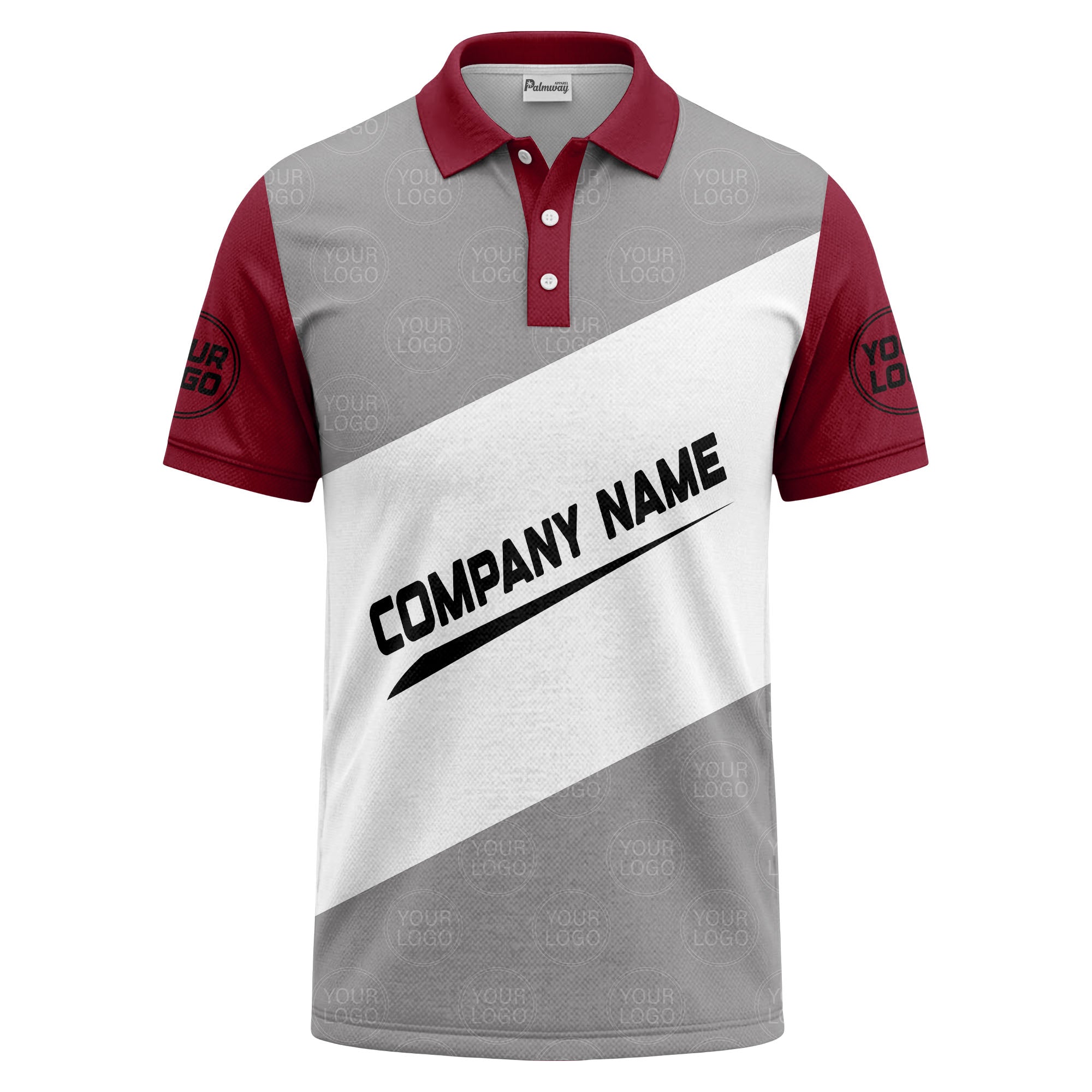 diagonal stripe monogram logo gray white black corporate polo shirt