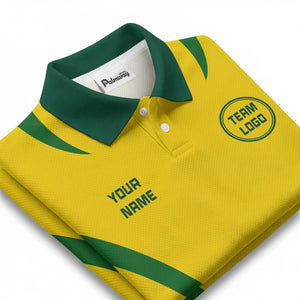 diagonal stripe yellow green team name polo shirt