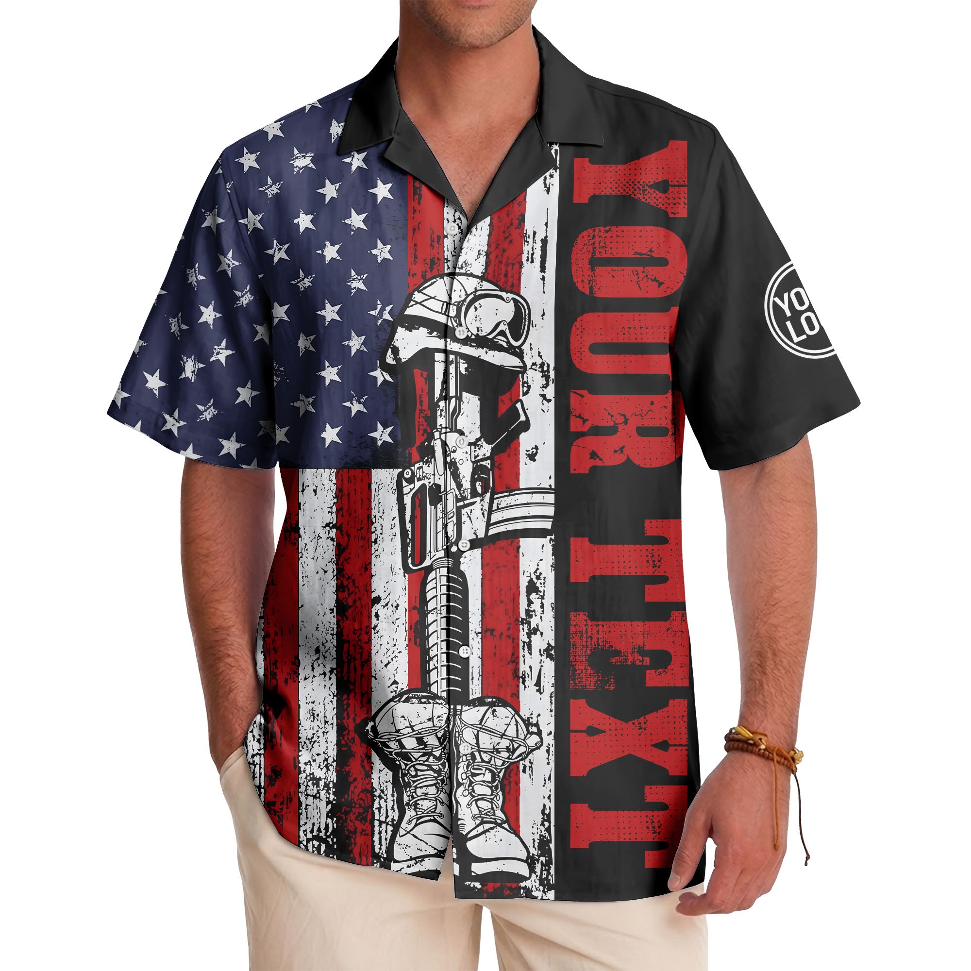 distressed american flag bald eagles & combat boots hawaiian shirt