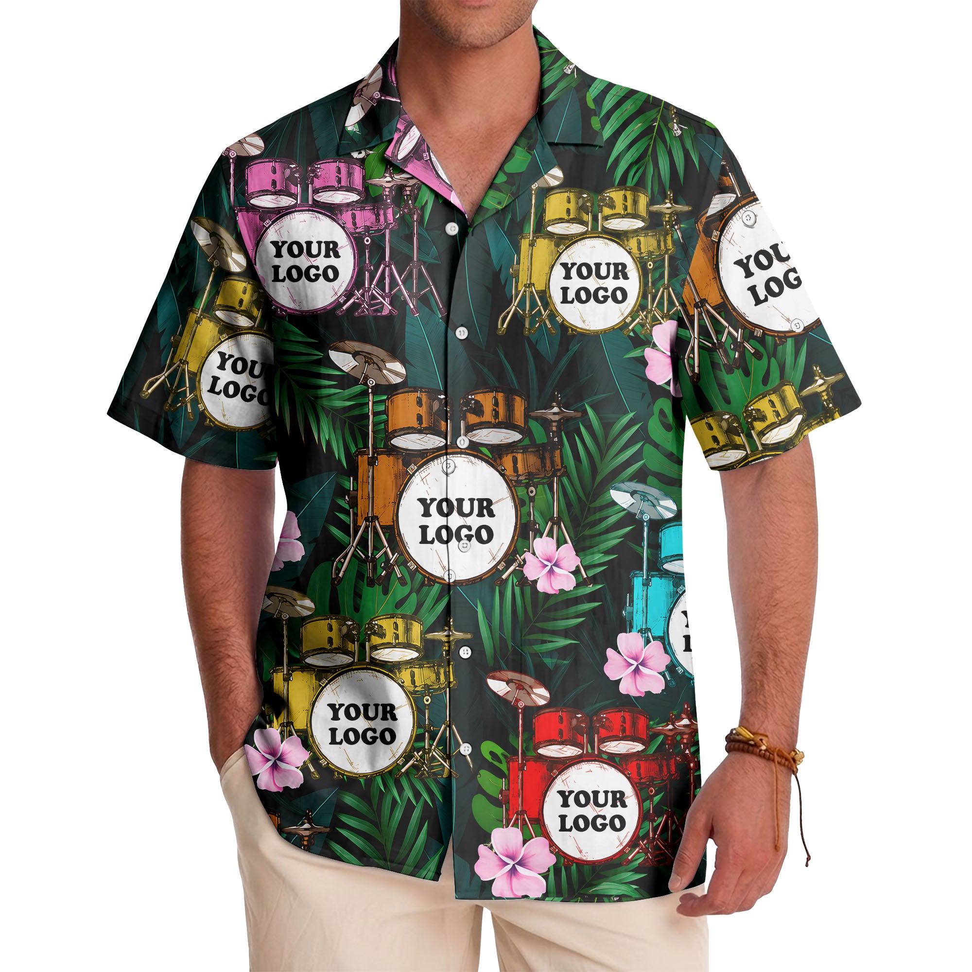 drum kits & tropical flowers aloha hawaiian shirt for musicians