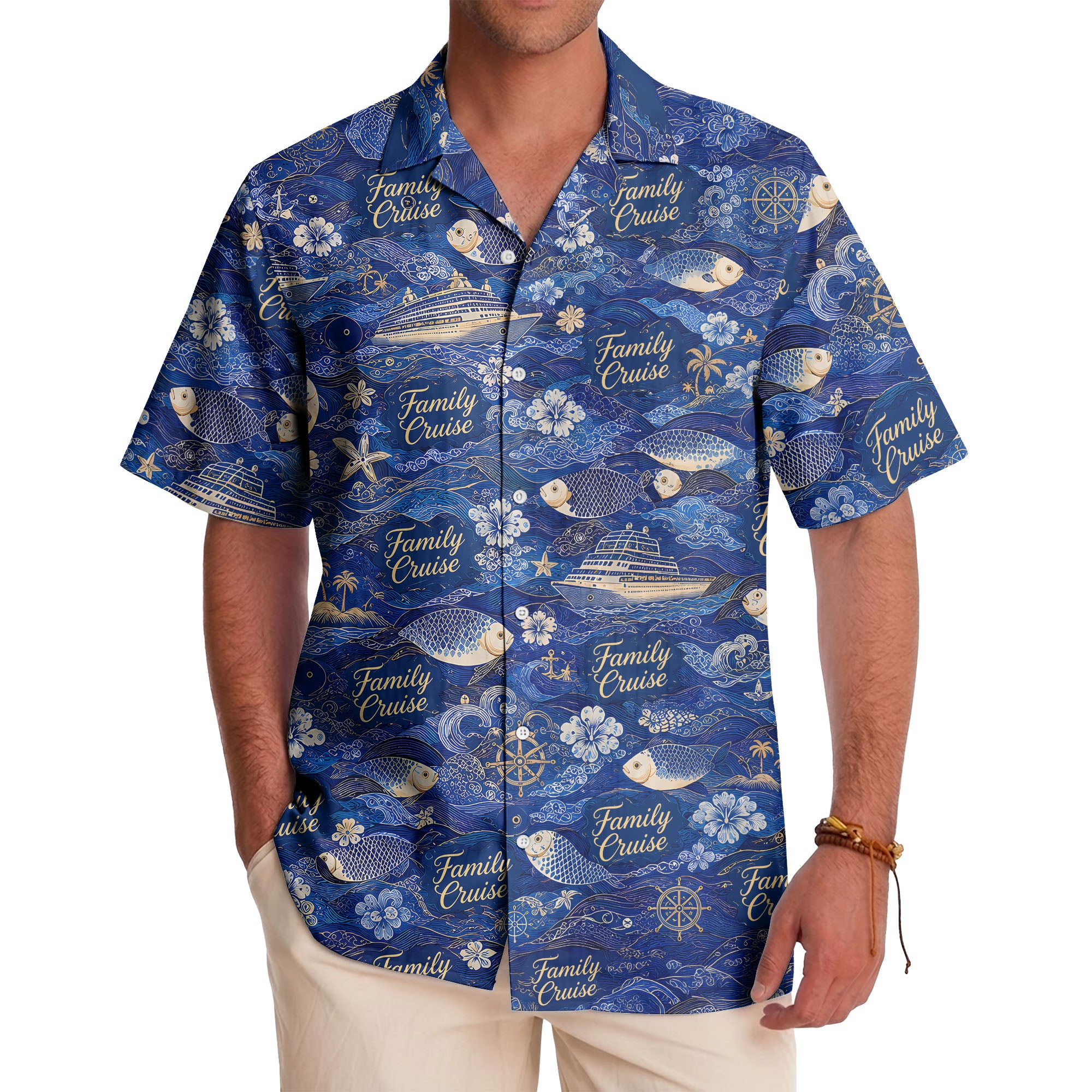 family cruise ships & leaping fish ocean waves hawaiian shirt