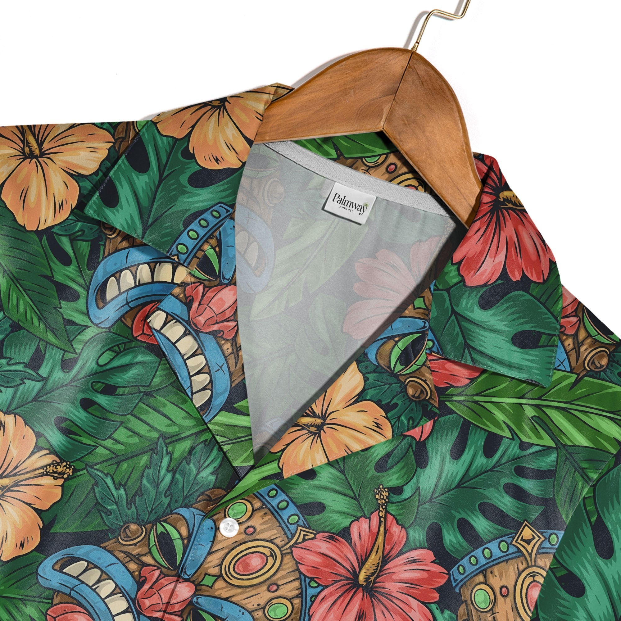 Festive Tiki Mask Hawaiian Shirt with Monstera on Navy Blue