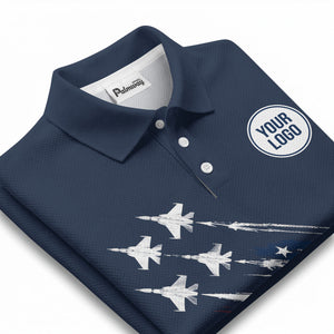 fighter jets & stars diagonal american flag patriotic navy blue polo shirt