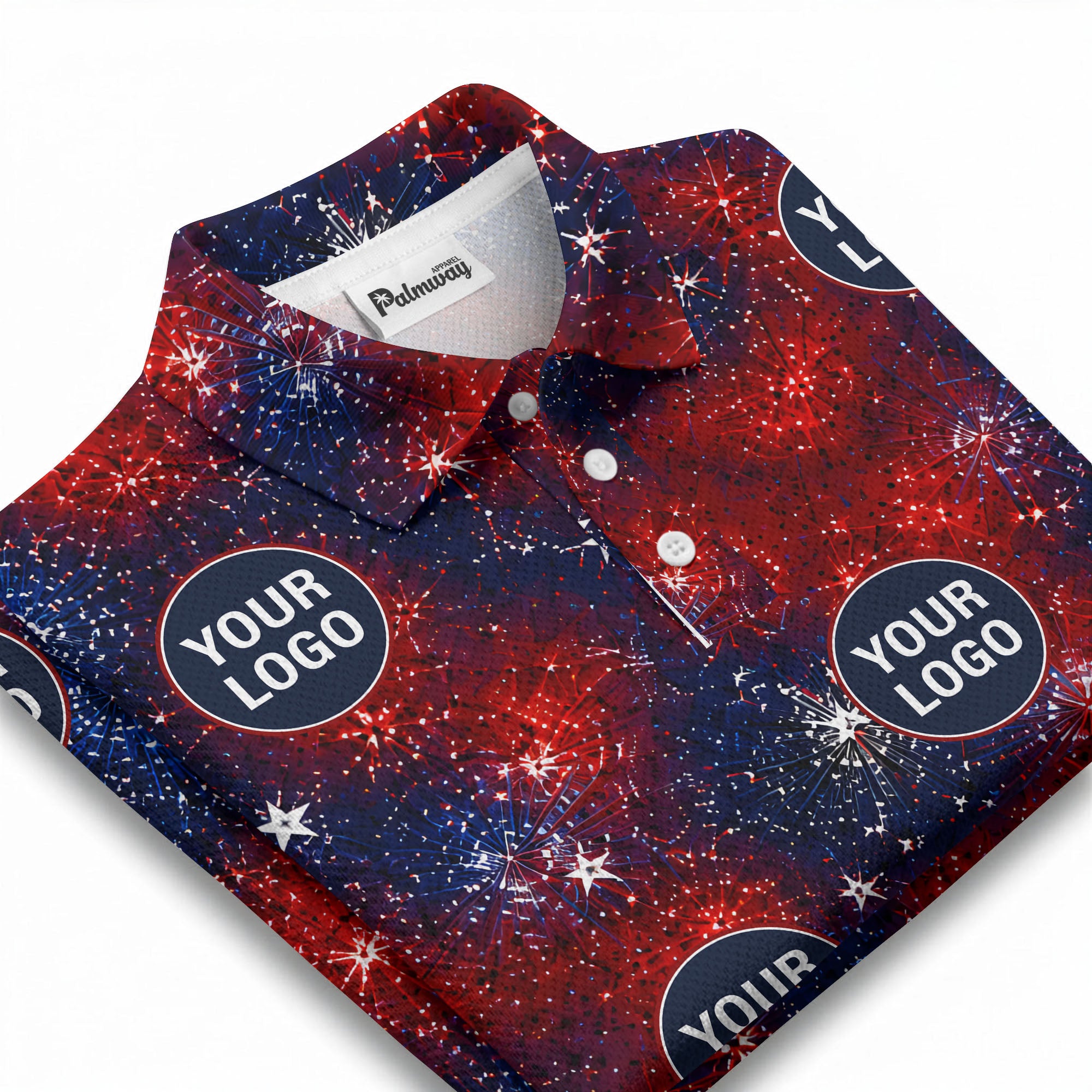 fireworks burst patriotic custom logo navy coral white polo shirt