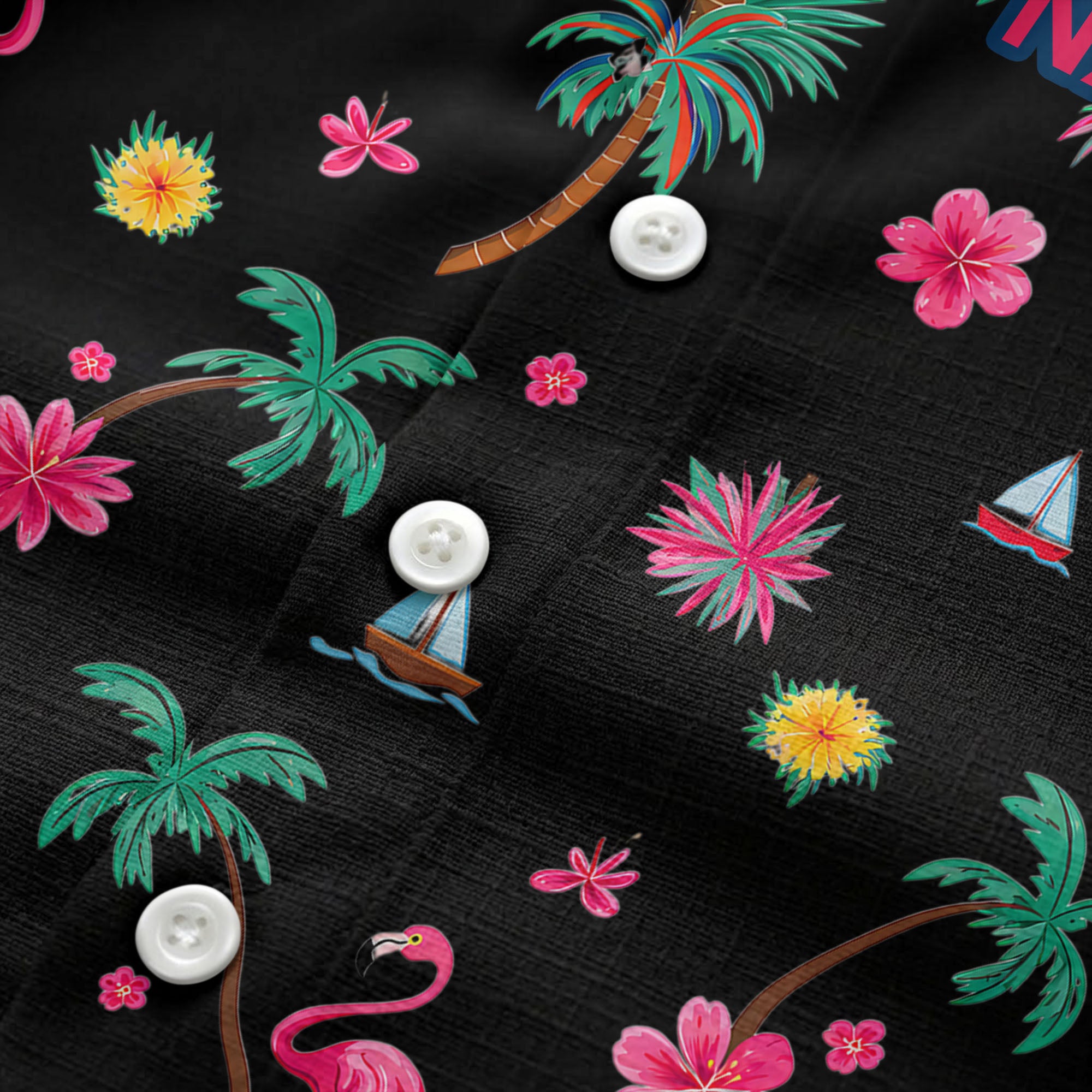 flamingo sailboat hibiscus palm watercolor hawaiian shirt