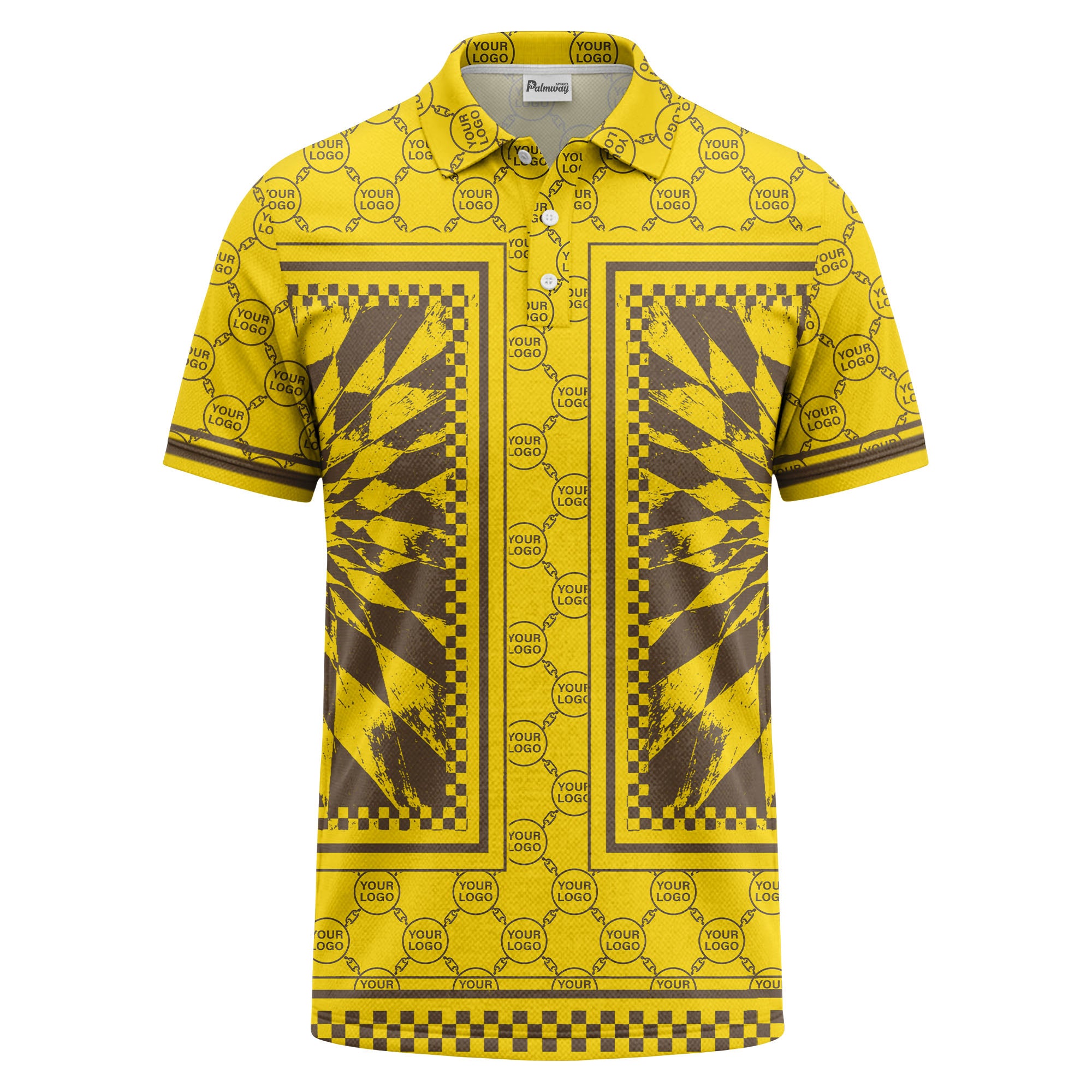 geometric palm leaves checkerboard border polo shirt