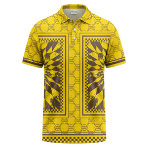 geometric palm leaves checkerboard border polo shirt