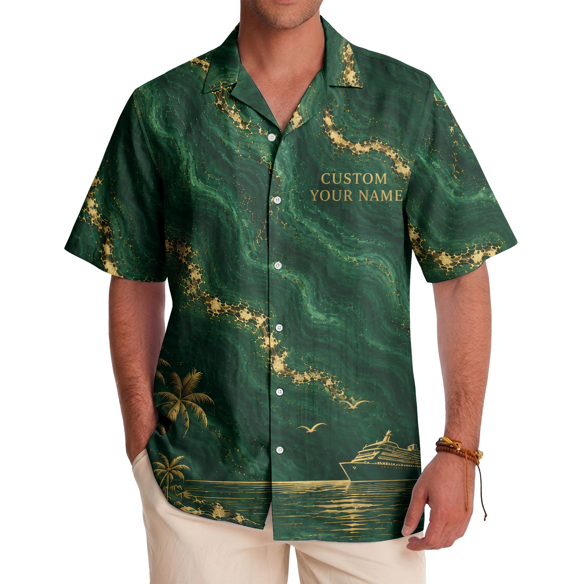 gold palm trees over emerald ocean waves cruise ship hawaiian shirt