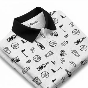 golf cocktail party repeating illustrated polo shirt with clubs flags and martini glasses