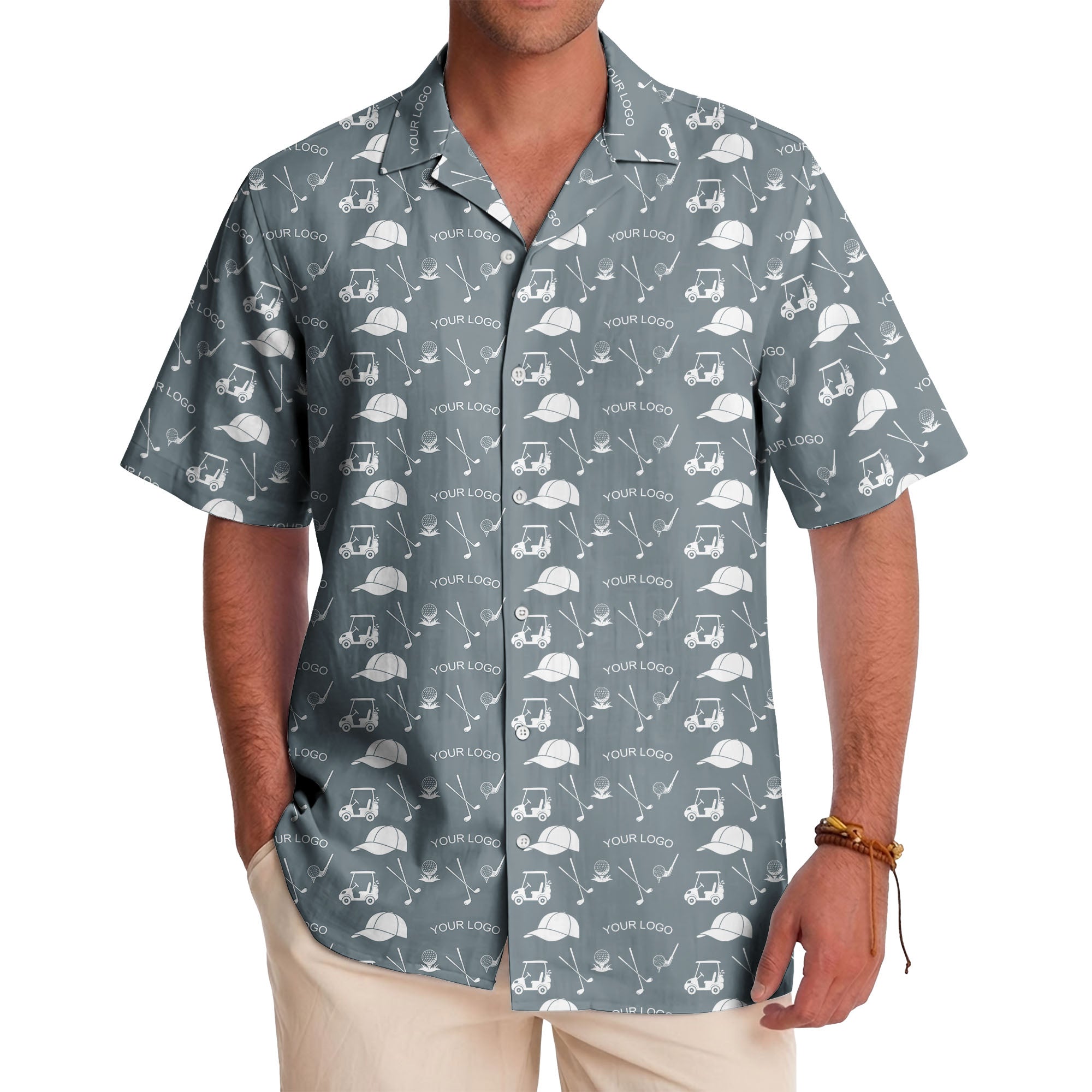 Golf Course Fairway Toile Hawaiian Shirt With Carts Clubs Balls Caps Aloha Button Down
