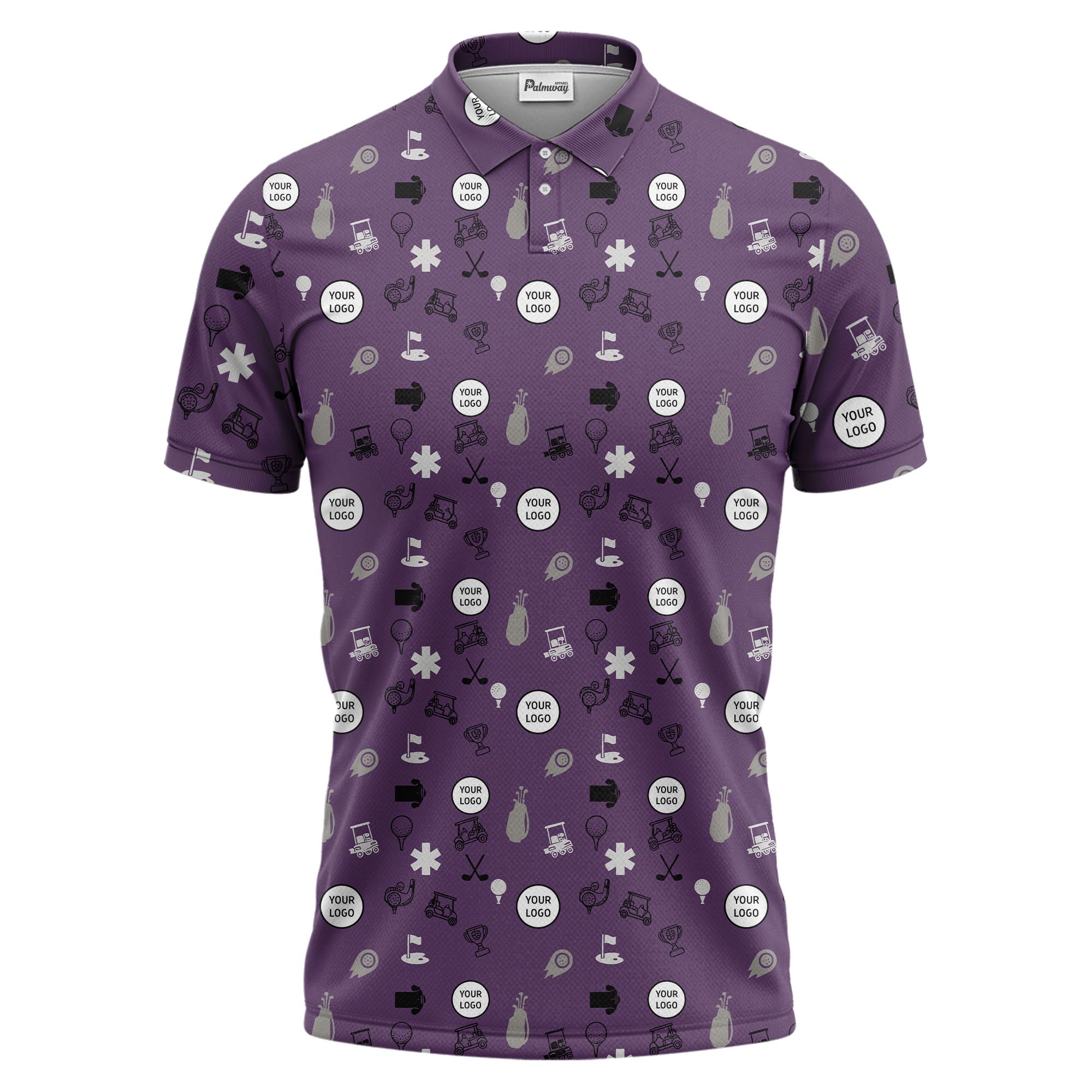 Gray Golf Course Sketch Polo Shirt With Repeating Balls Clubs Carts Trophies