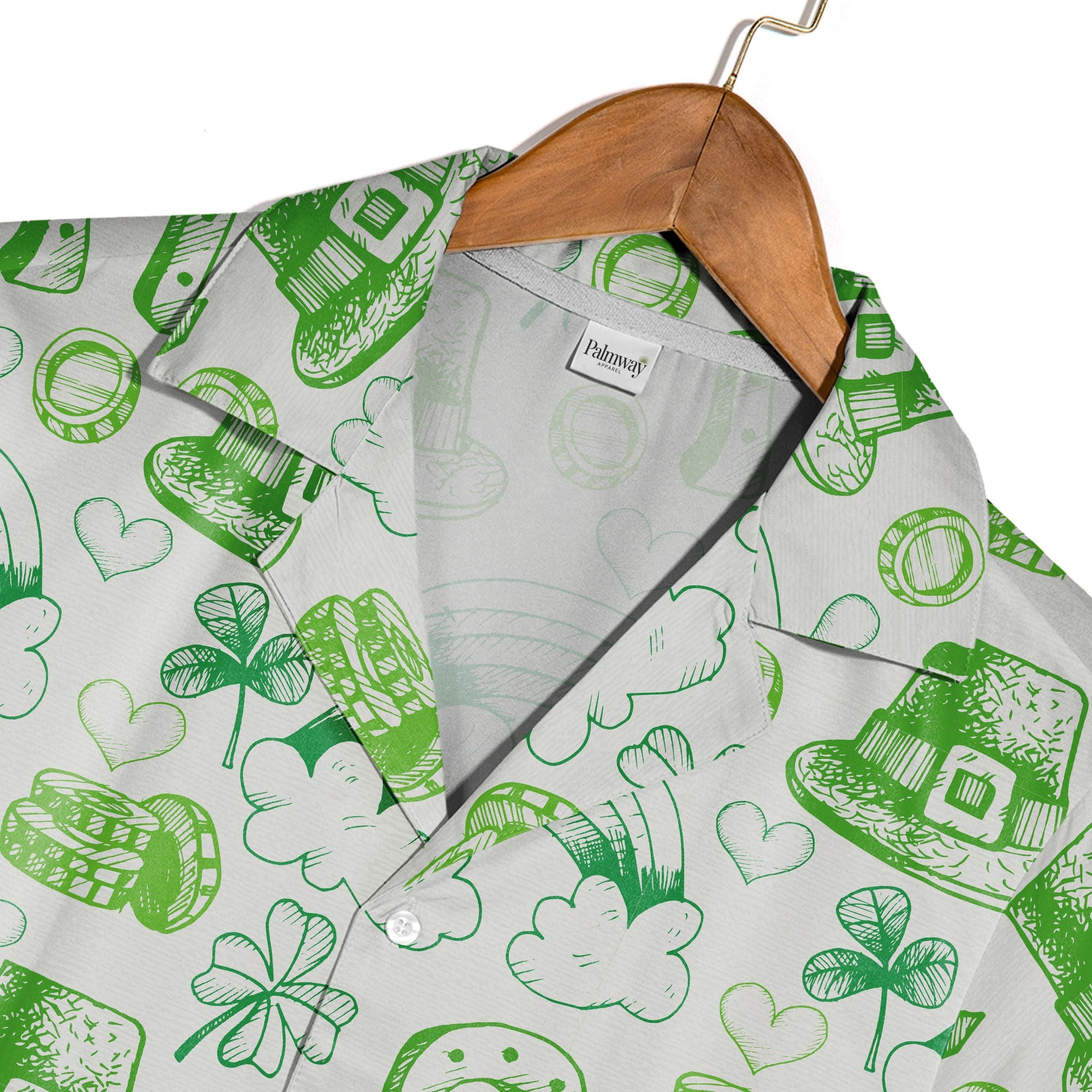 Hand-Drawn Irish Doodle Hawaiian Shirt with Shamrocks and Gold Stacks