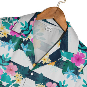 Hibiscus Floral Hawaiian Shirt on Navy White Horizontal Stripes