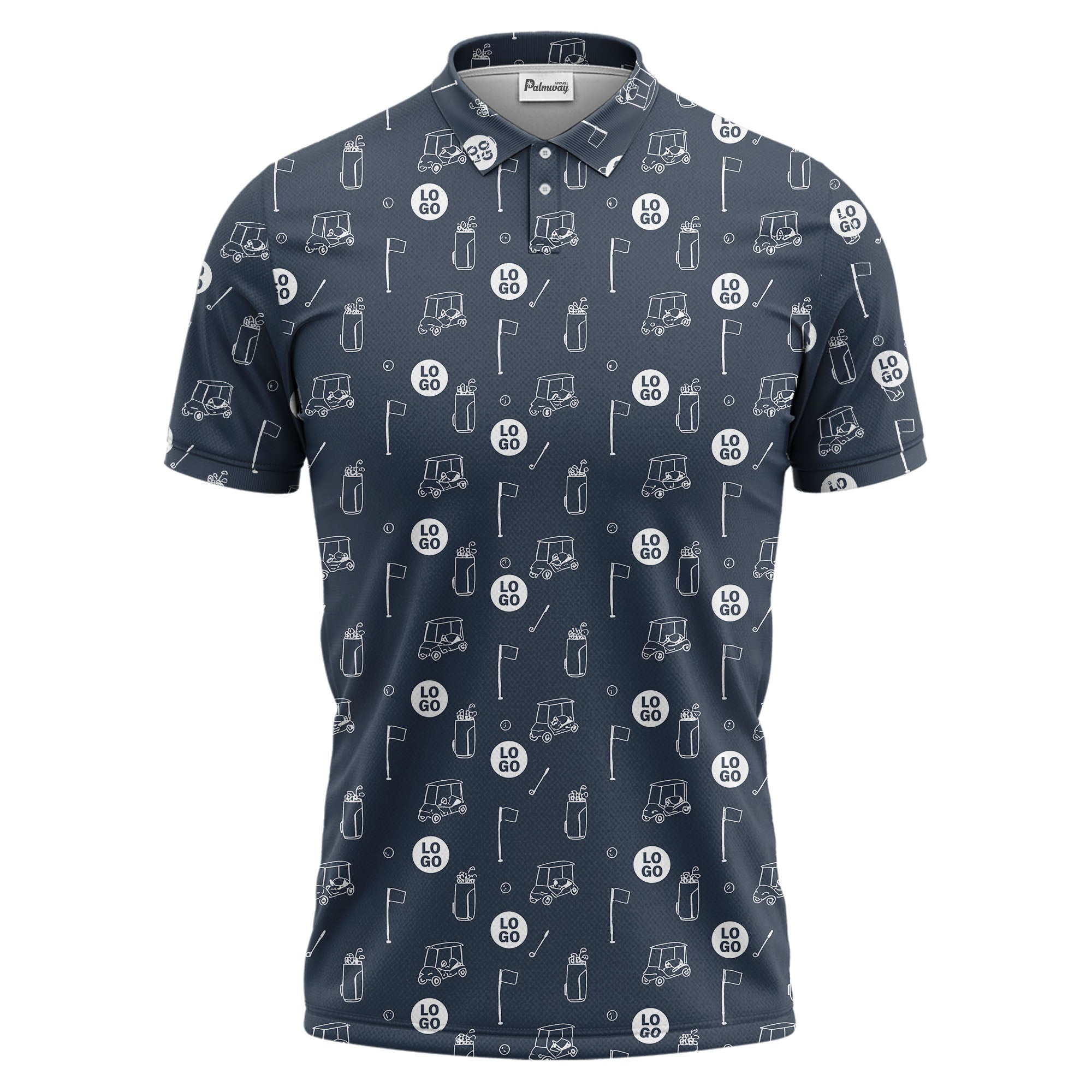 illustrated golf carts & clubs repeating on dark gray hawaiian polo shirt for men