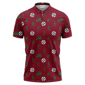 illustrated golfers golf carts repeating on green polo shirt for weekend fairway fun
