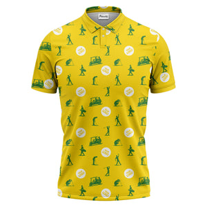 illustrated golfers golf carts repeating on green polo shirt for weekend fairway fun
