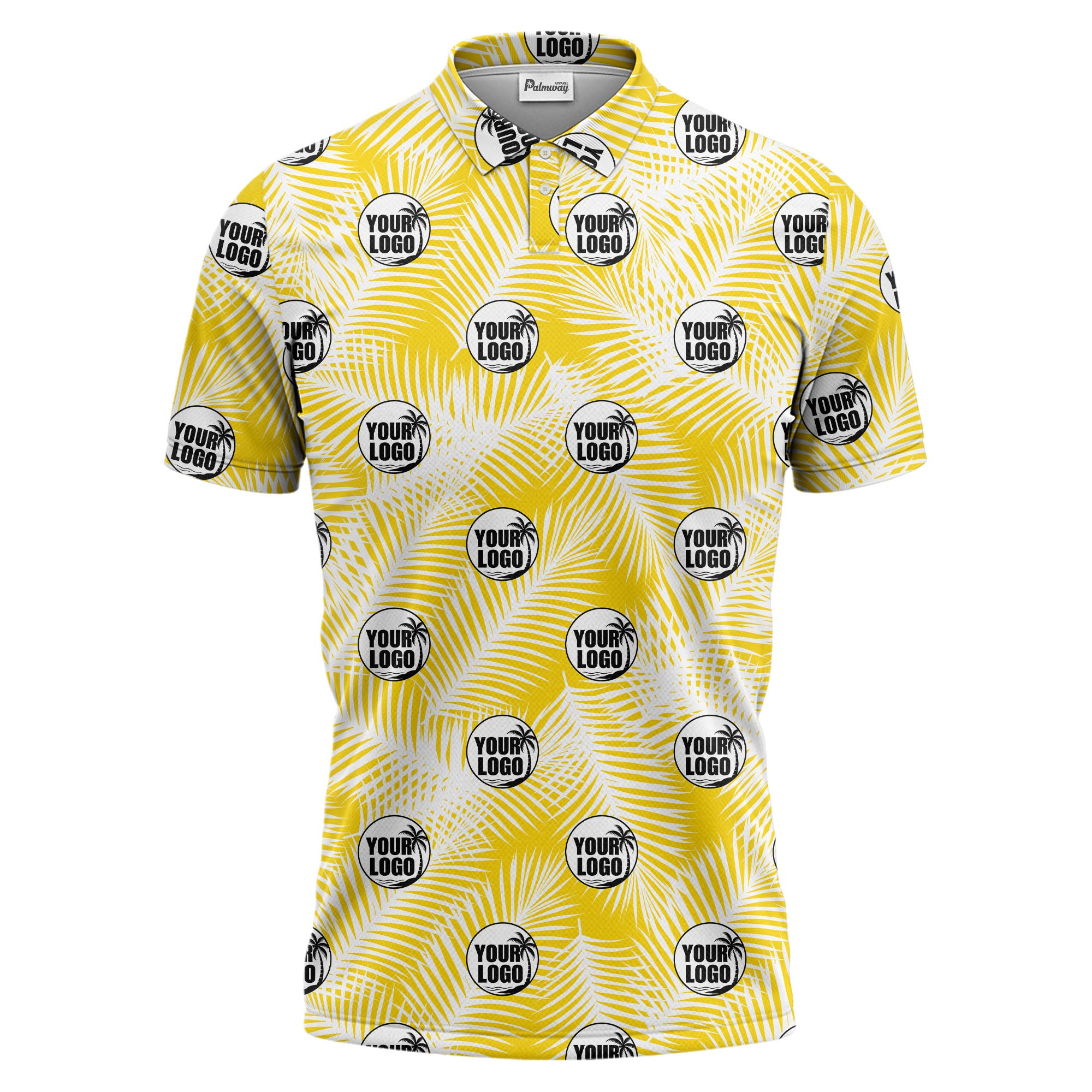 illustrated palm leaf logo repeating tropical polo shirt for men