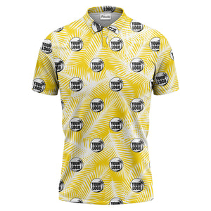 illustrated palm leaf logo repeating tropical polo shirt for men