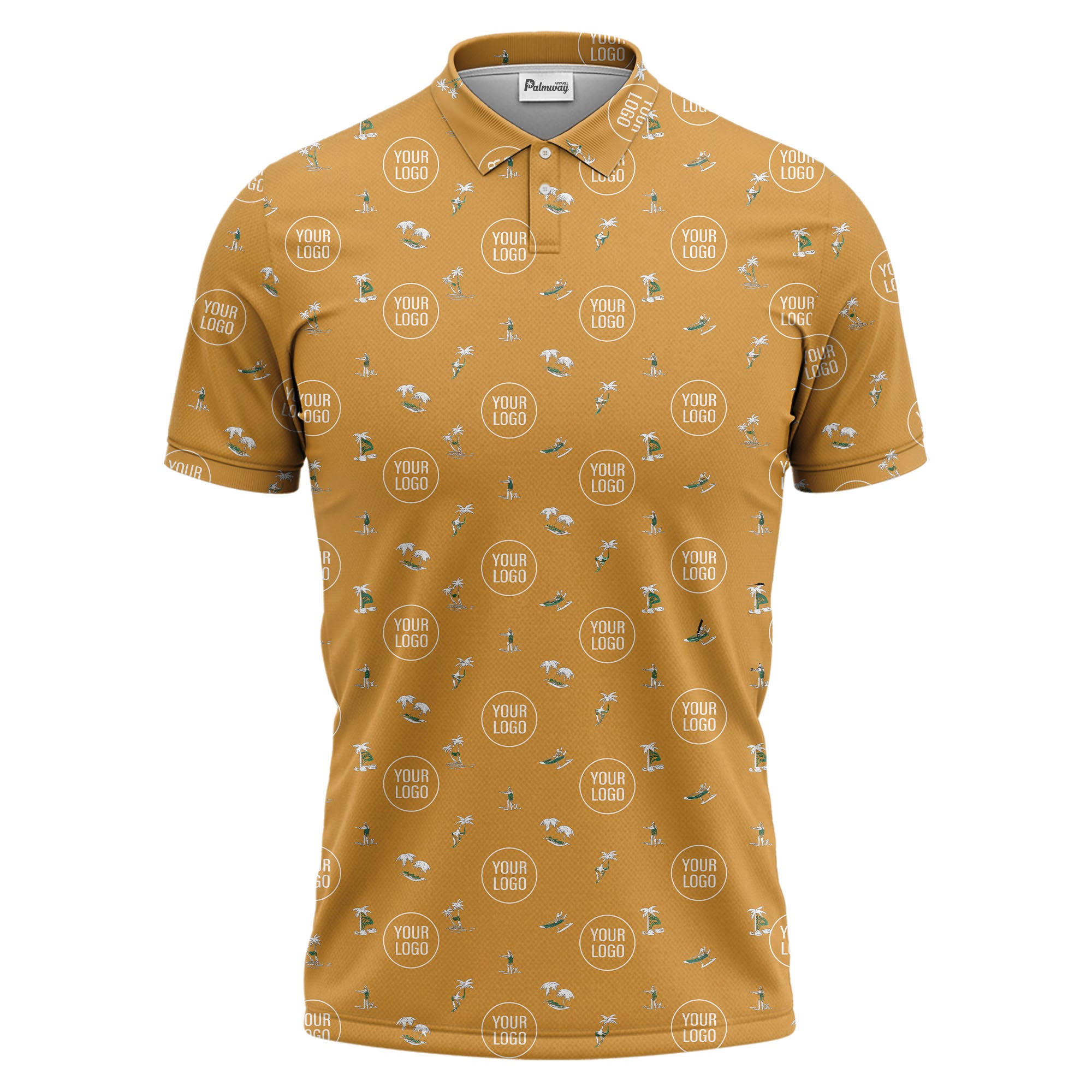 illustrated purple tropical island palm trees surfboards polo shirt for men