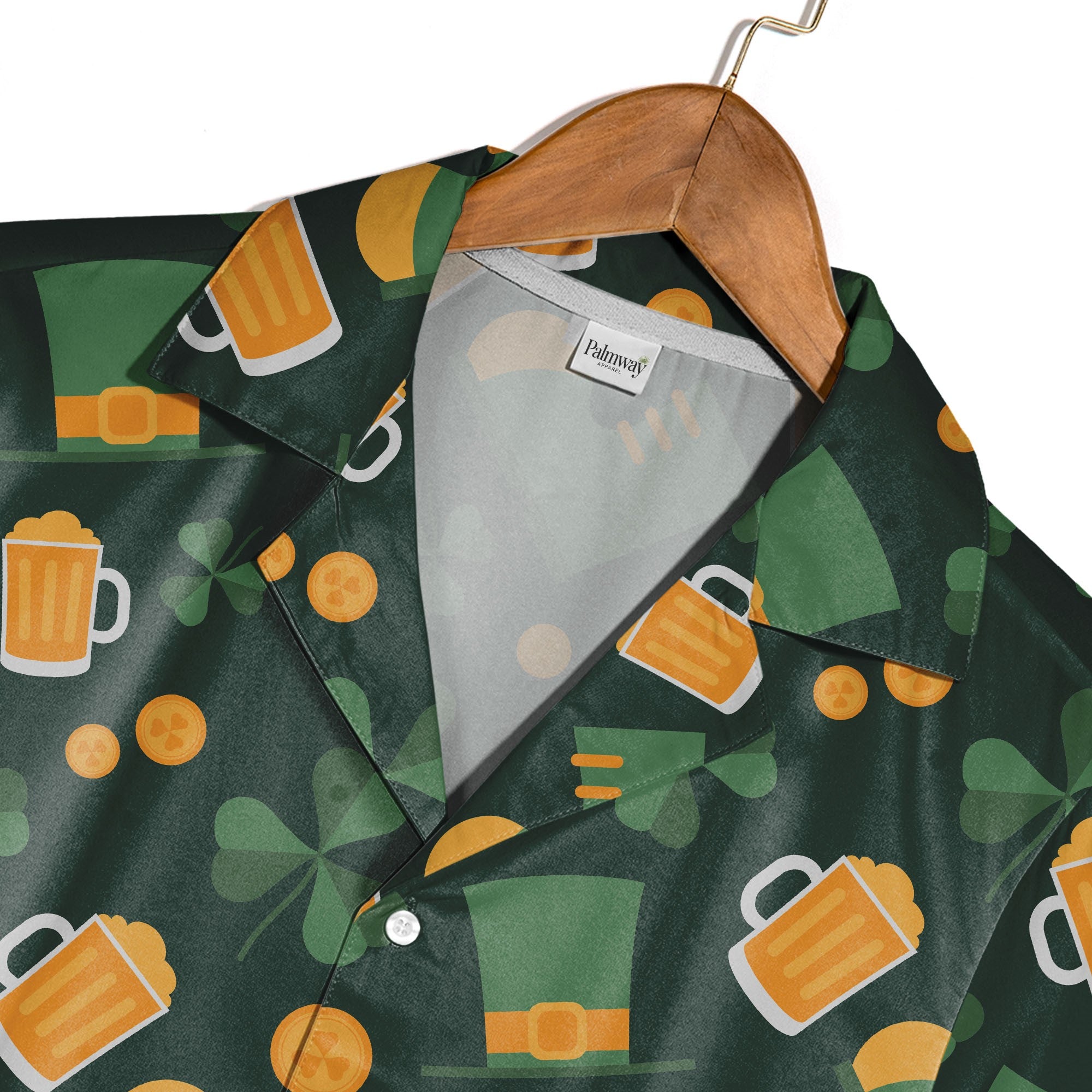 Irish Celebration Hawaiian Shirt with Teal Green Beer Mugs and Gold Coins