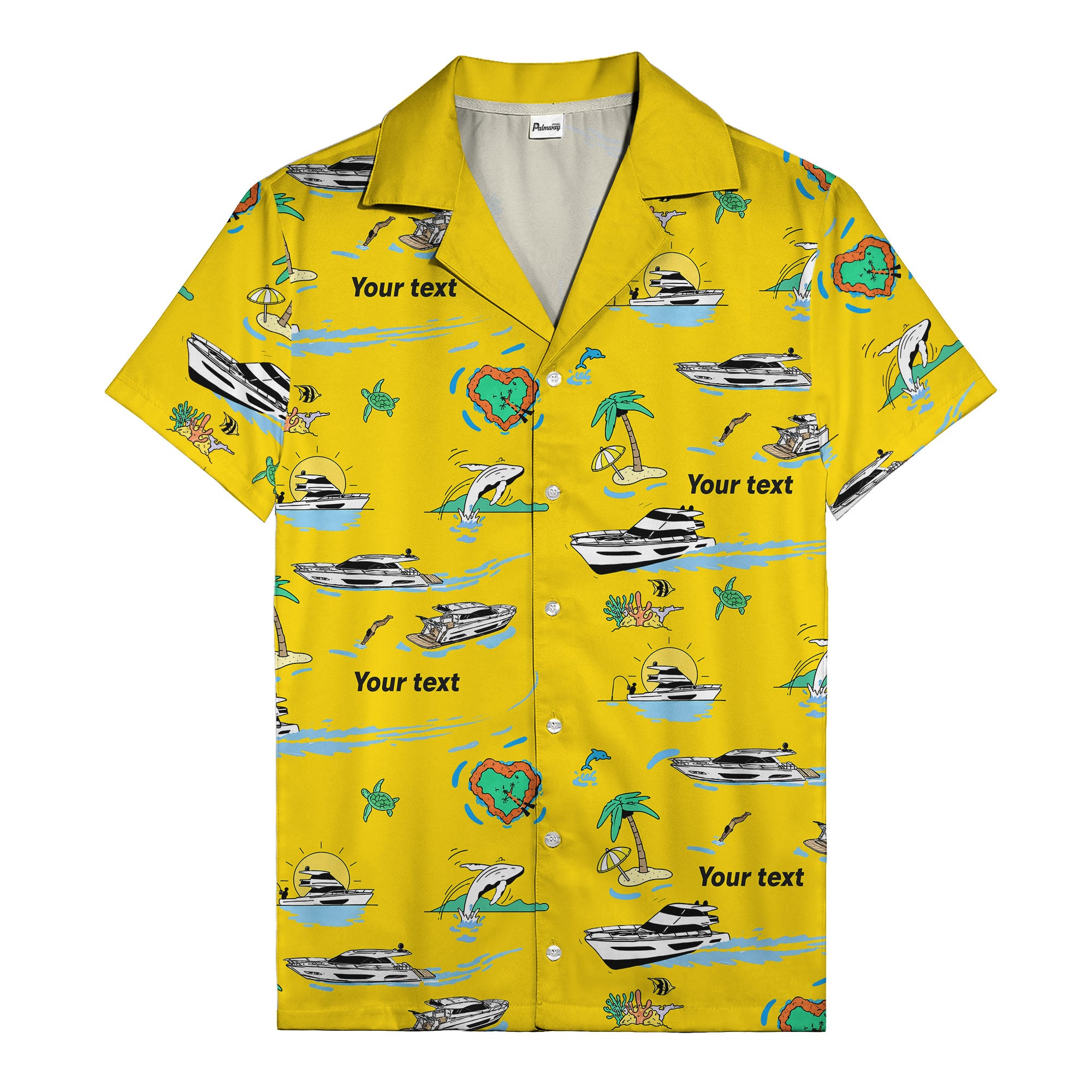 luxury yacht & heart-shaped island cartoon hawaiian shirt