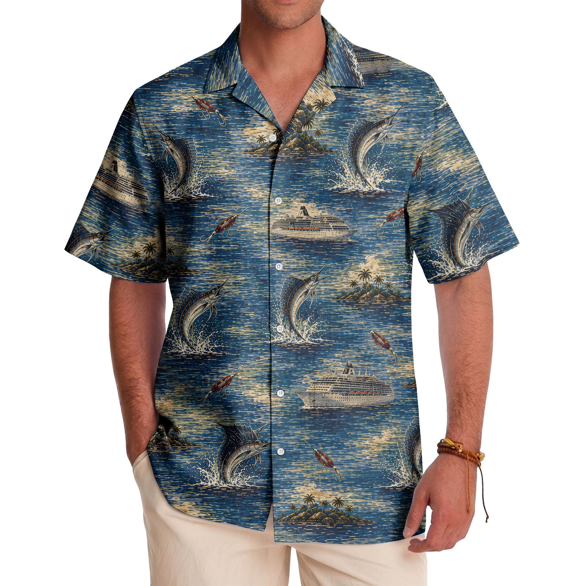 marlin fish & cruise ship ocean scene hawaiian shirt for men