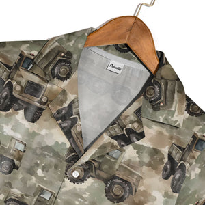 Military Truck & Army Vehicle Camo Hawaiian Shirt – Rugged Patriotic Style