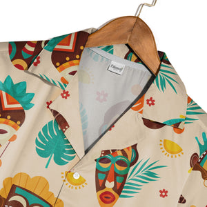 Modern Tiki Hawaiian Shirt with Monstera and Boomerangs on Beige