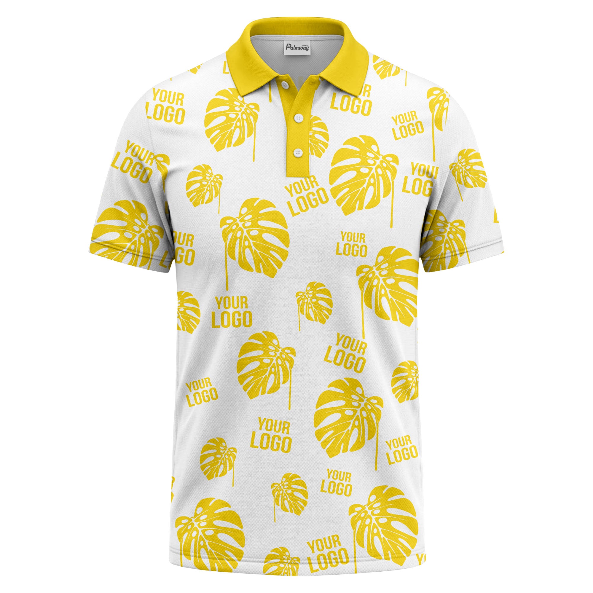 monstera leaves & custom logo repeat black white hawaiian polo shirt