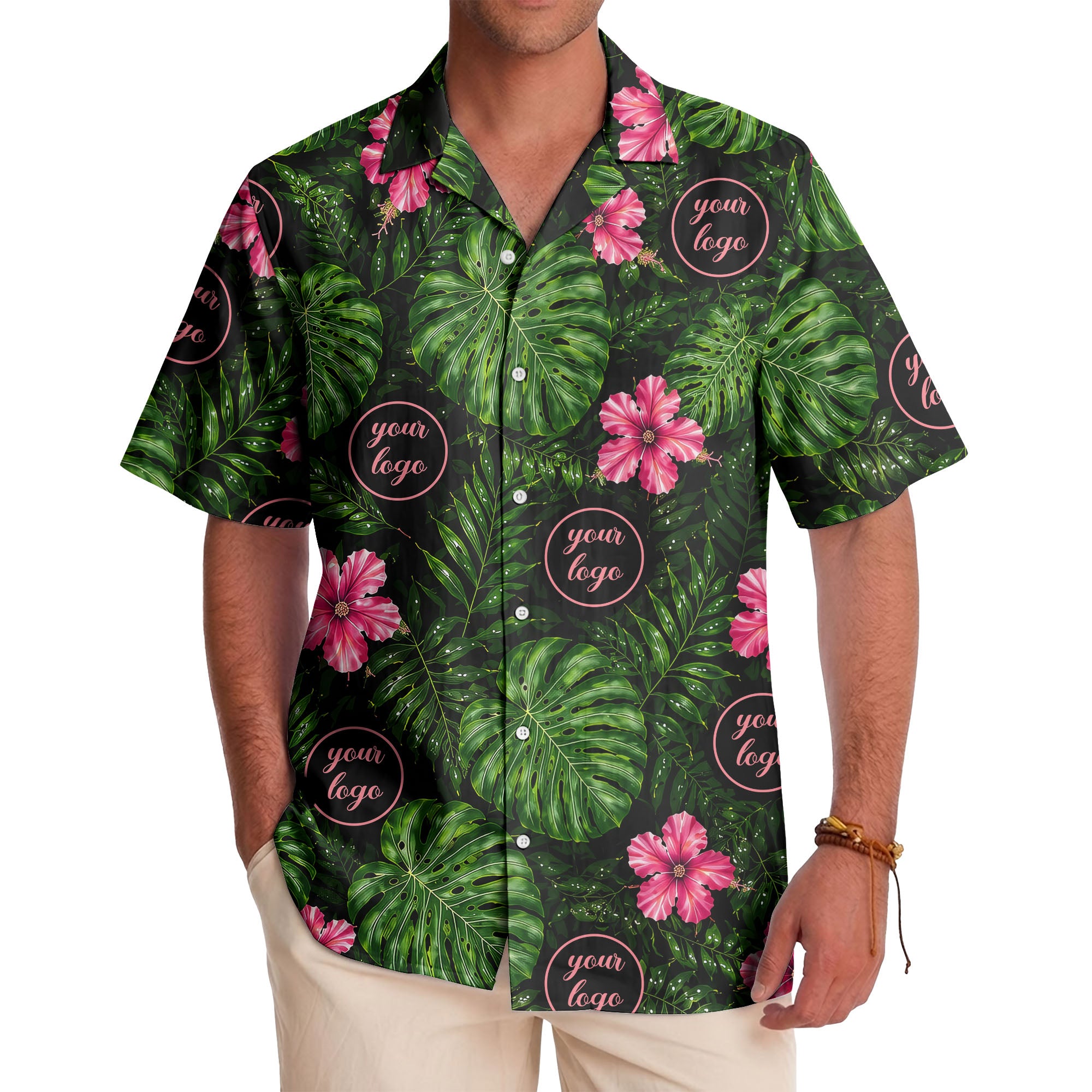 monstera leaves pink hibiscus watercolor hawaiian shirt for men
