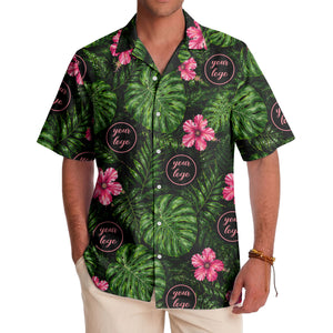 monstera leaves pink hibiscus watercolor hawaiian shirt for men