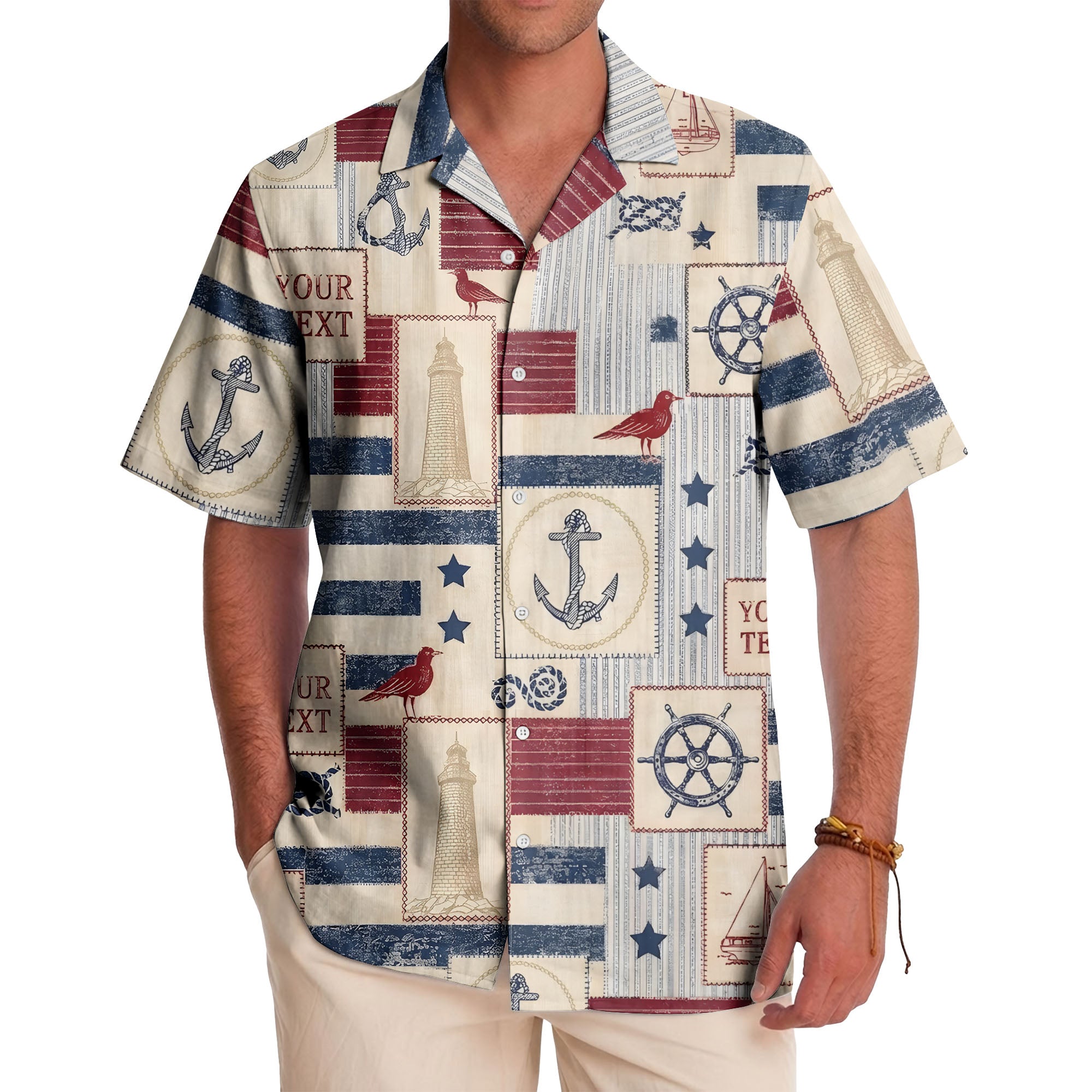 nautical anchors sailboats lighthouses patchwork hawaiian shirt