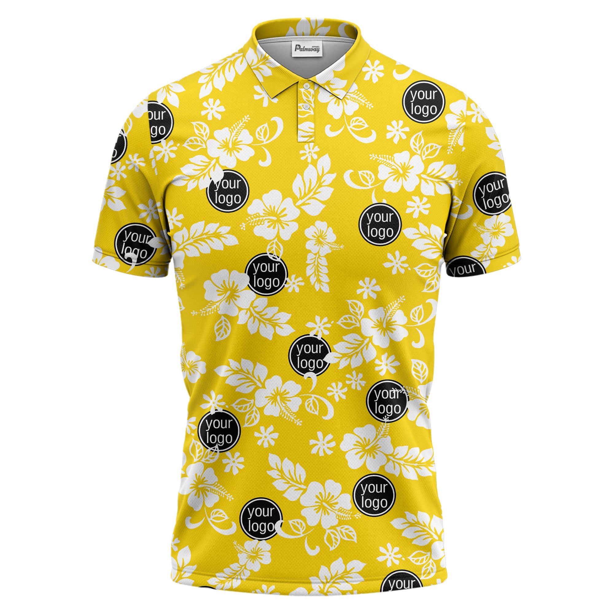 navy blue watercolor hibiscus & custom logo repeat pattern polo shirt