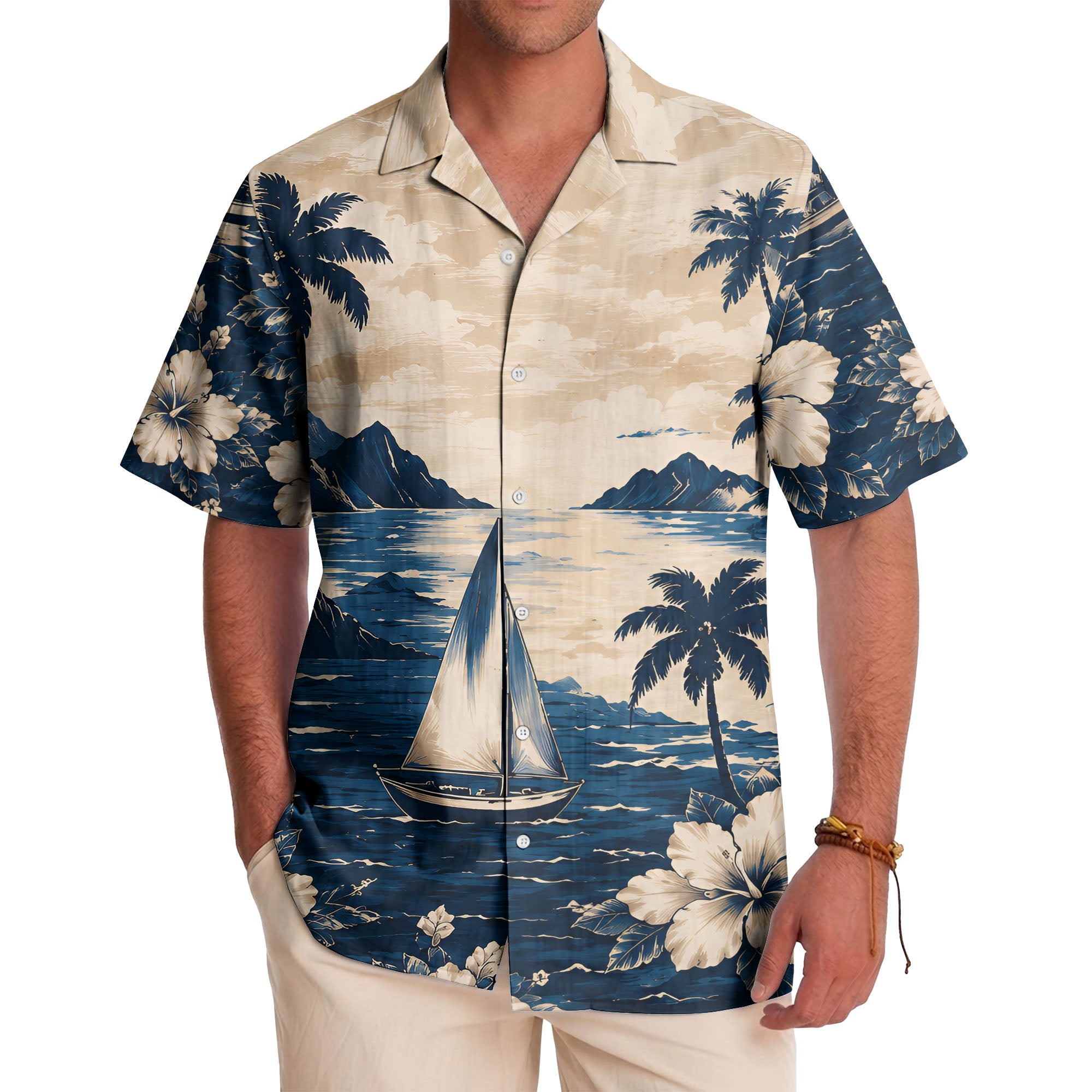 navy sailboat palm hibiscus hawaiian shirt for men