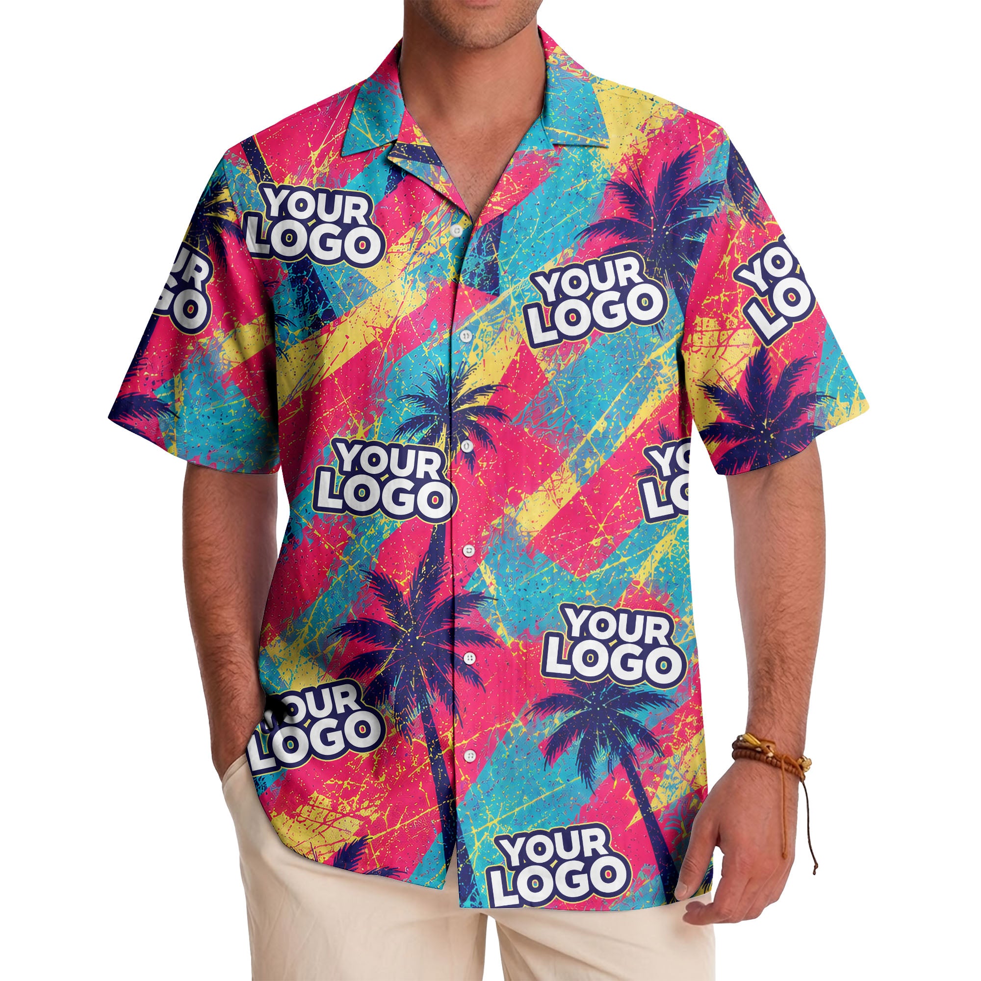 neon palm trees & custom logo electric aloha hawaiian shirt