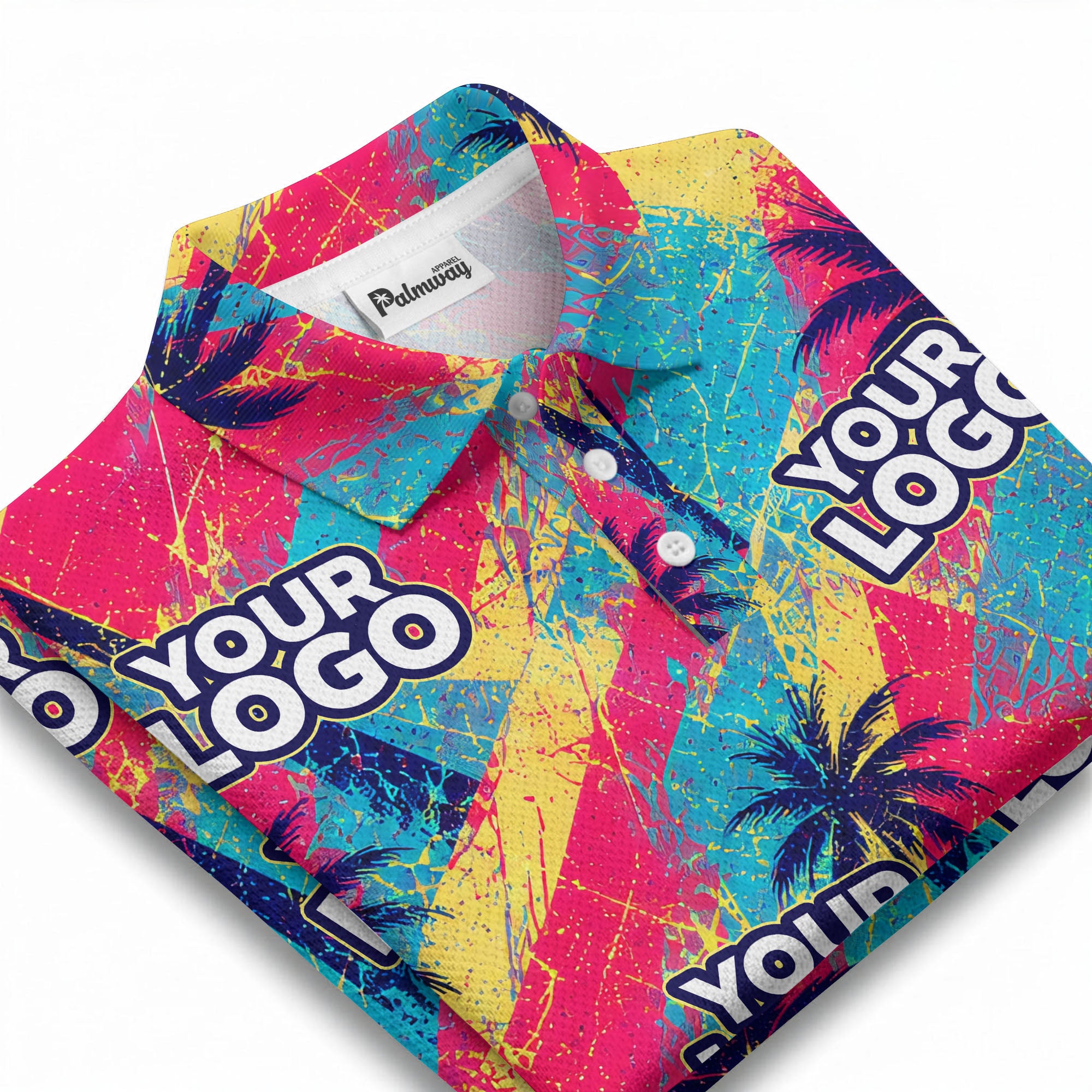 neon palm trees splatter paint diagonal stripe polo shirt for men