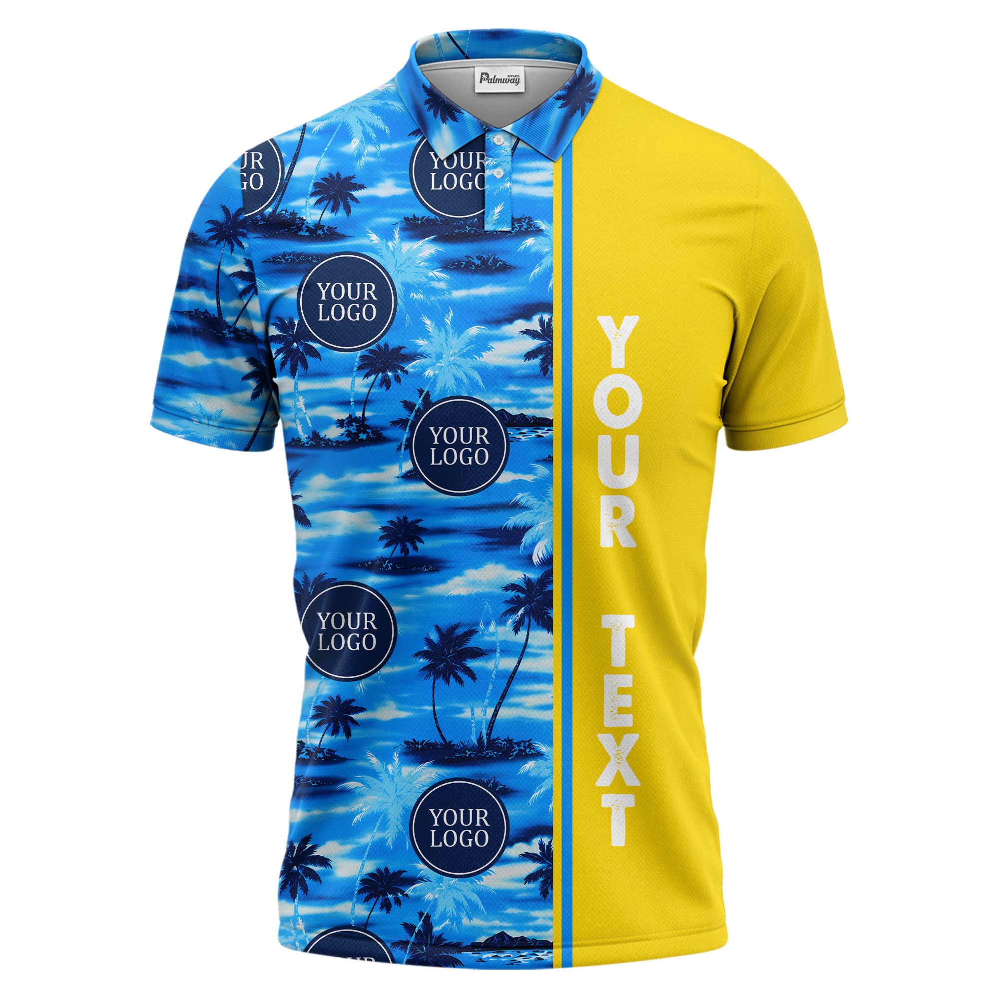 oceanic palm trees & circular logo repeat navy blue tropical beach polo shirt