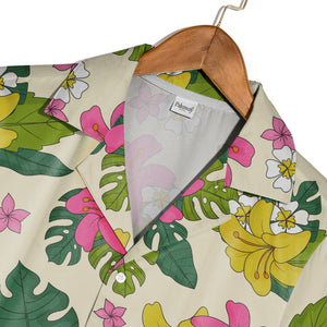 Pale Beige Hand-Drawn Monstera Hawaiian Shirt with Large Yellow Pink Flowers