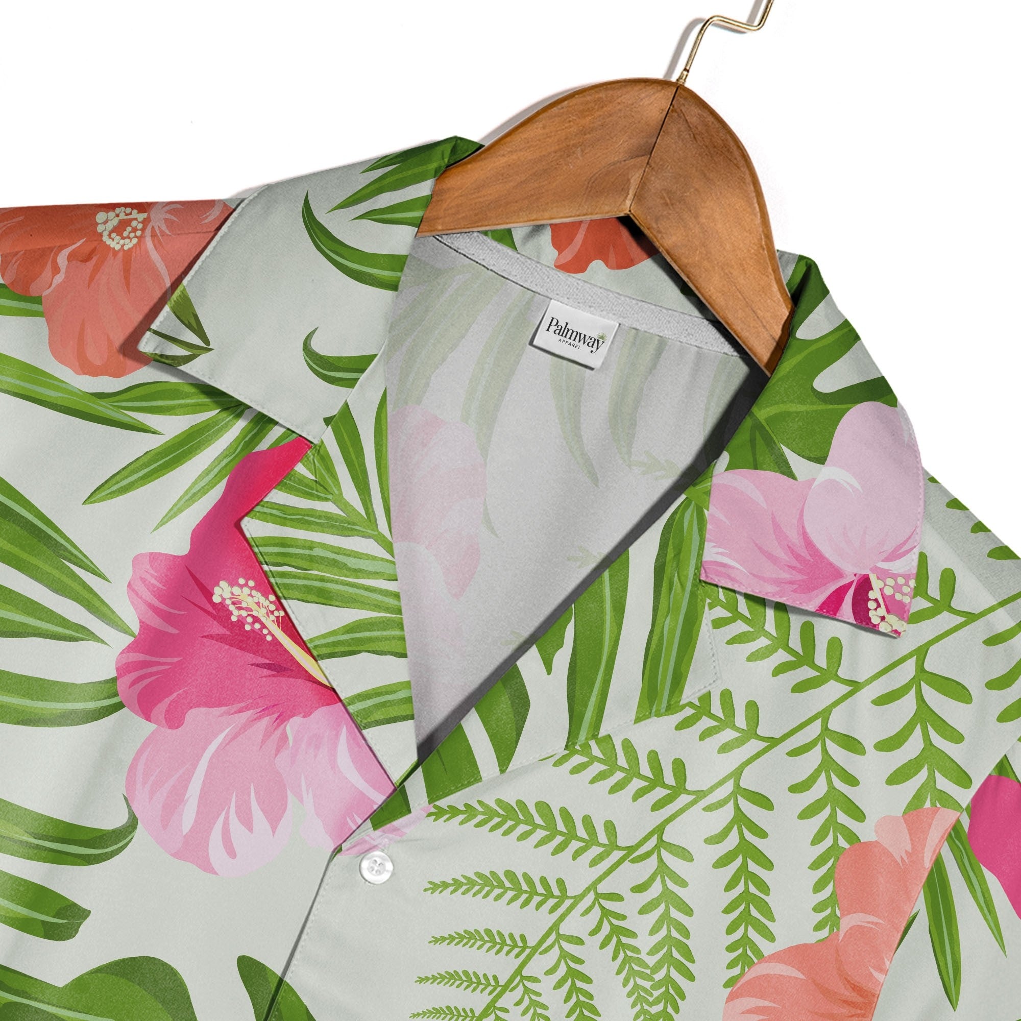 Pale Mint Green Hibiscus Monstera Hawaiian Shirt with Fern and Palm Fronds