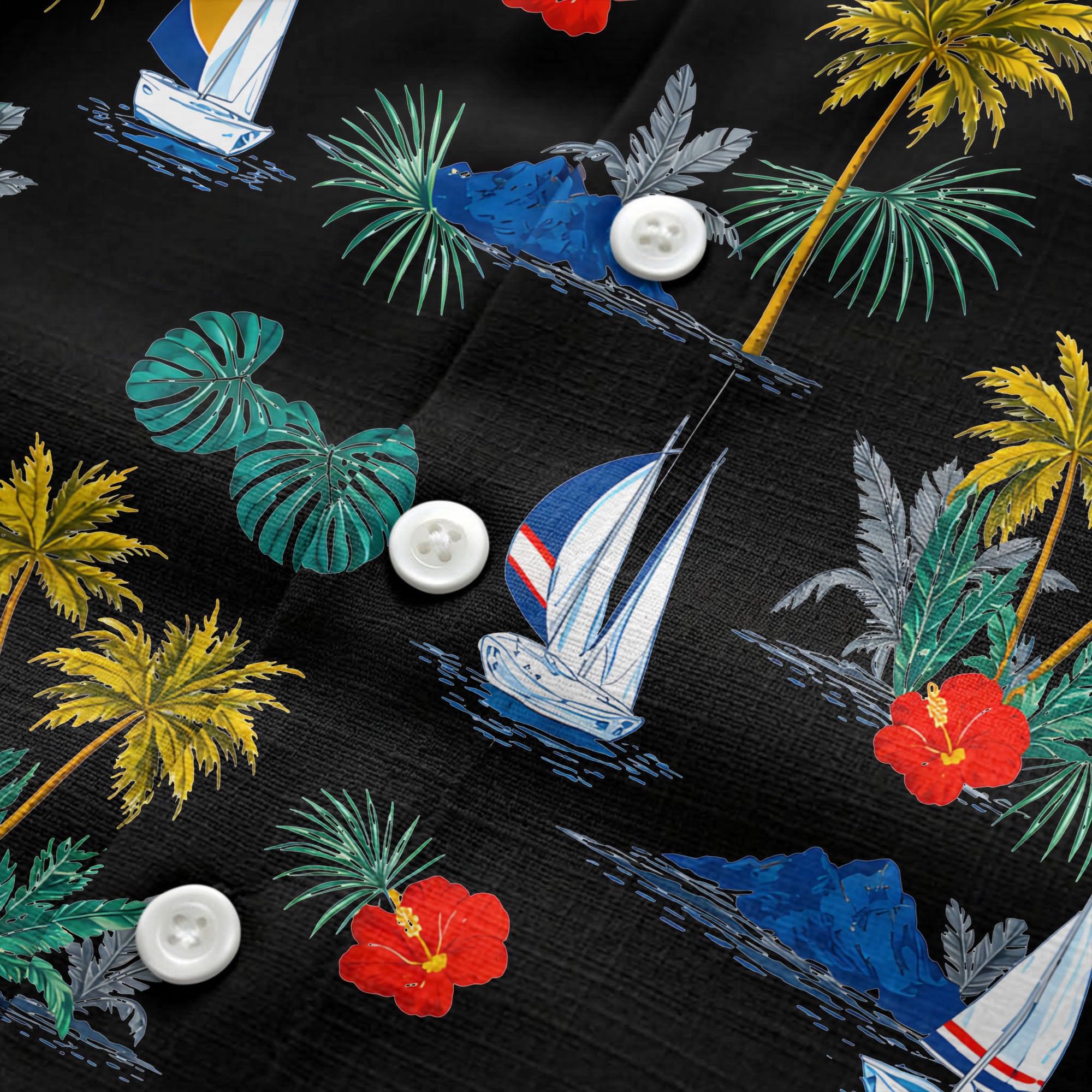 palm trees sailboats hibiscus island paradise hawaiian shirt
