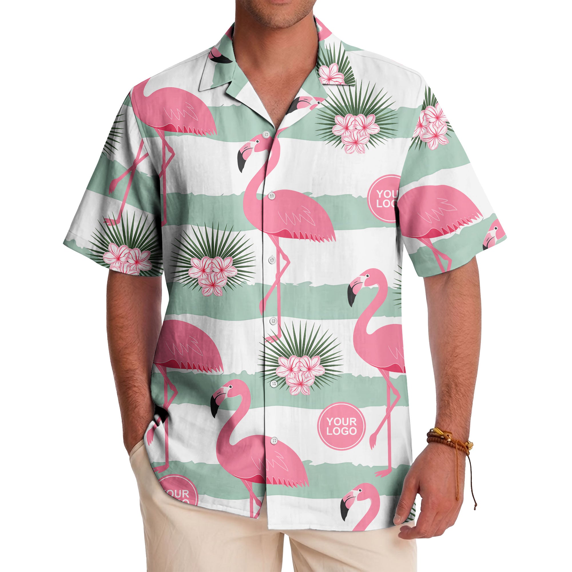 pink flamingos watercolor aloha shirt with mint stripes and tropical flowers hawaiian shirt