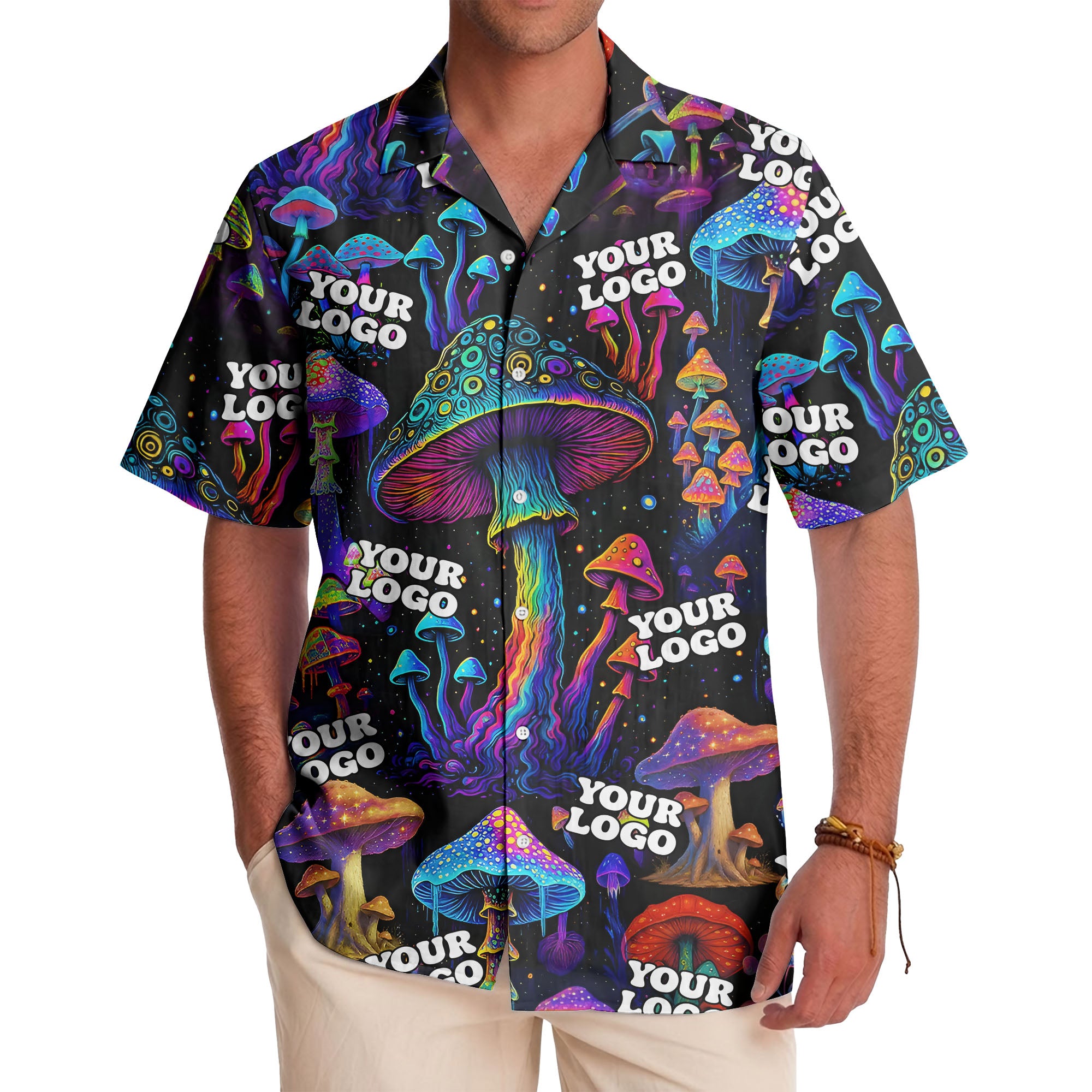 psychedelic neon mushroom forest hawaiian shirt for men
