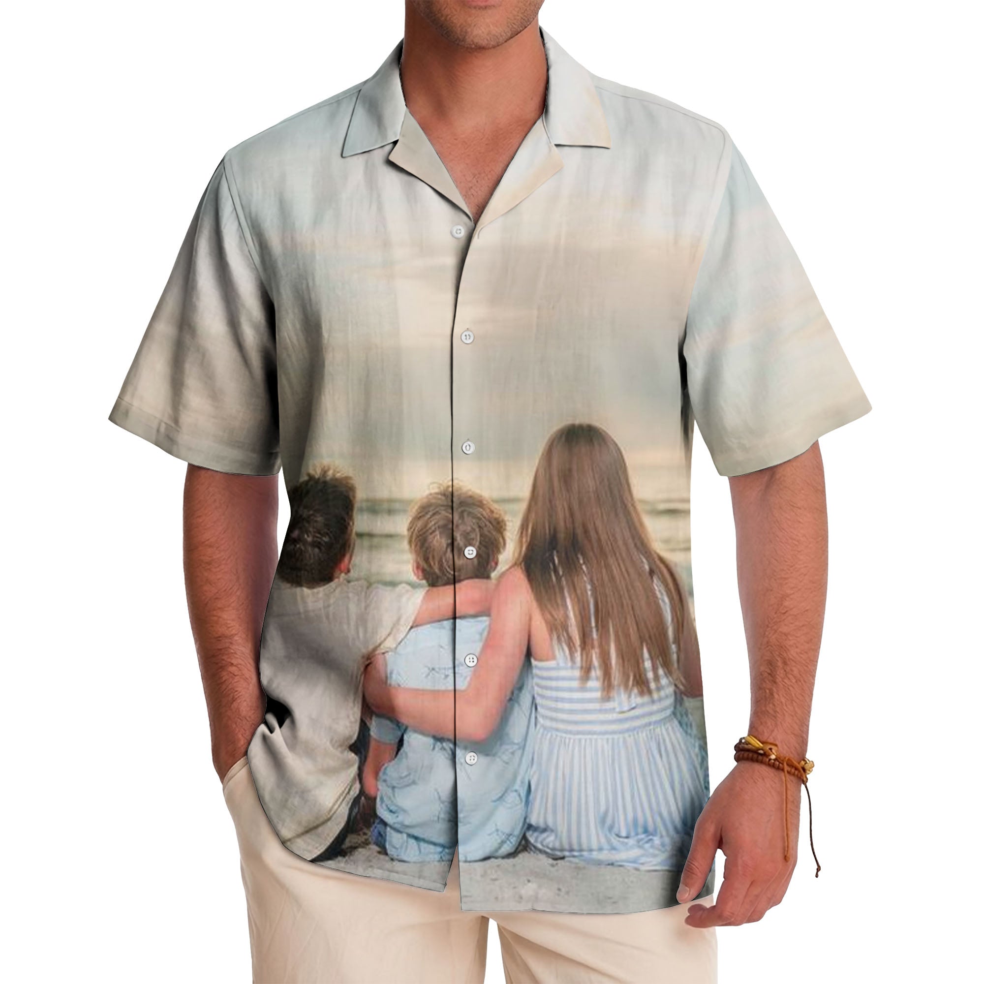 realistic beach family vacation scene hawaiian shirt with sand & surf aloha vibe
