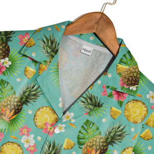 Realistic Pineapple Hawaiian Shirt with Bird of Paradise on Teal