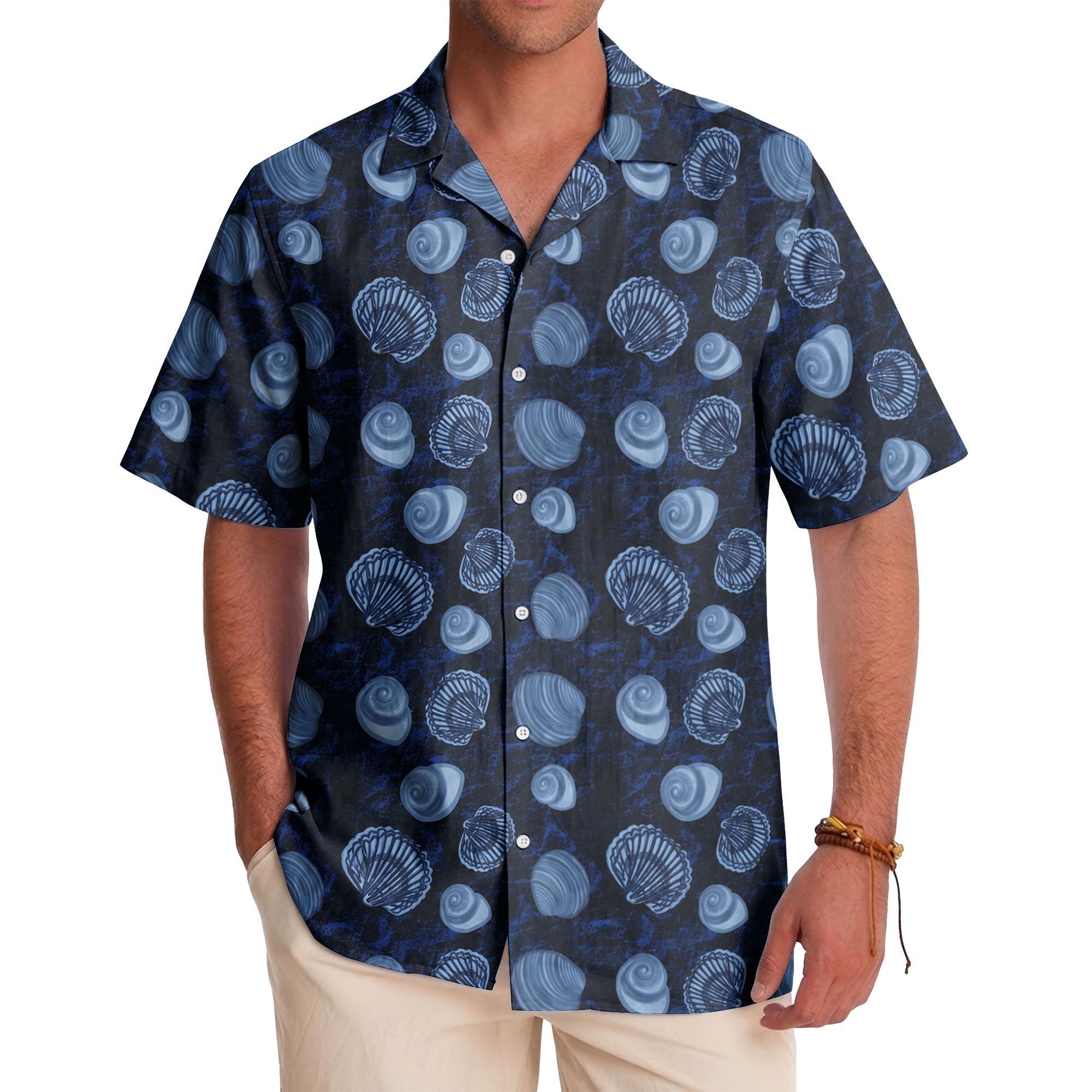 realistic seashell & spiral shell repeat navy blue hawaiian shirt